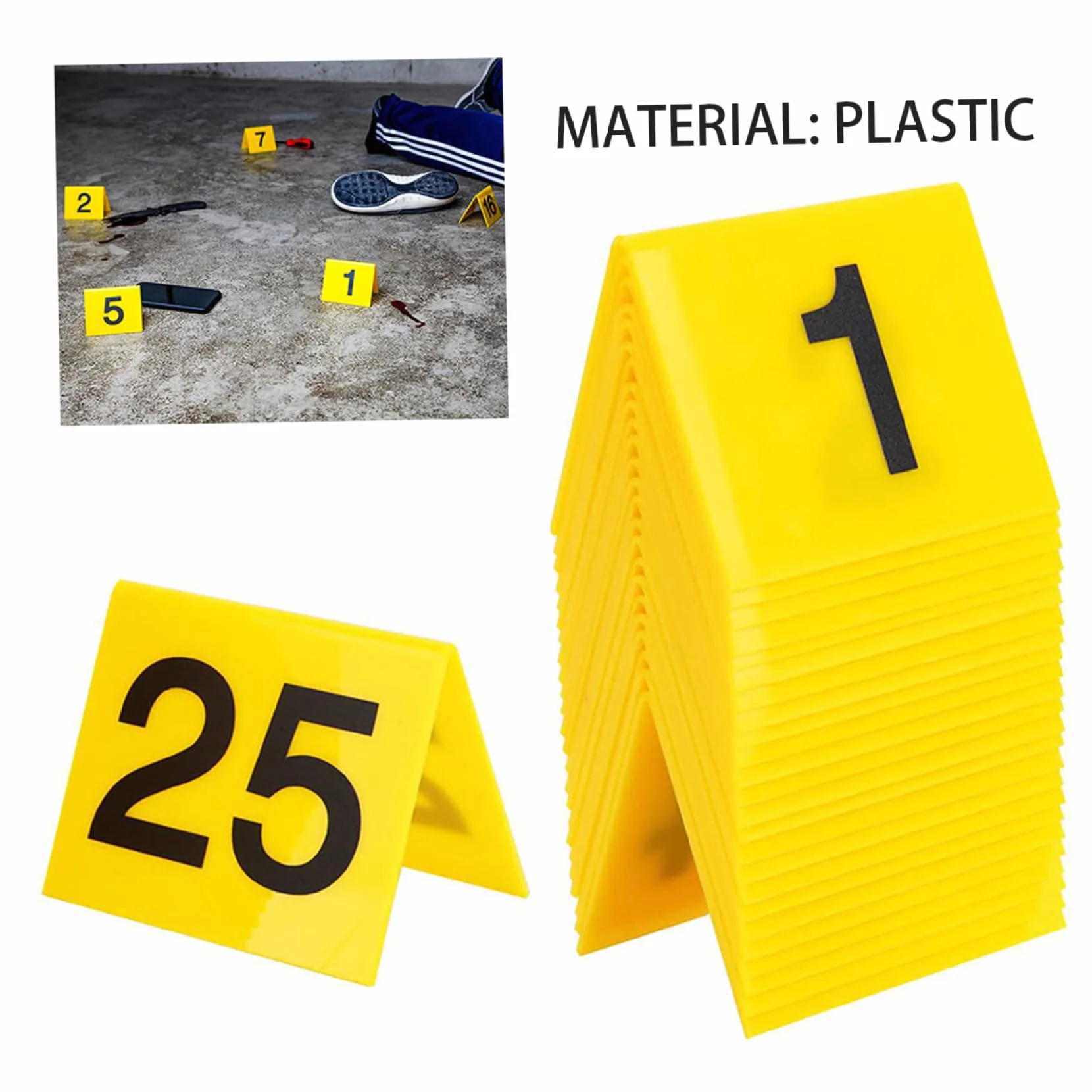 Segnali di Scena del crimine 25pcs 2.95x3.54 Pollici Evidenza Foto Mark Scene Card Decorazioni di Halloween 1-25 Numero, Spy Detective