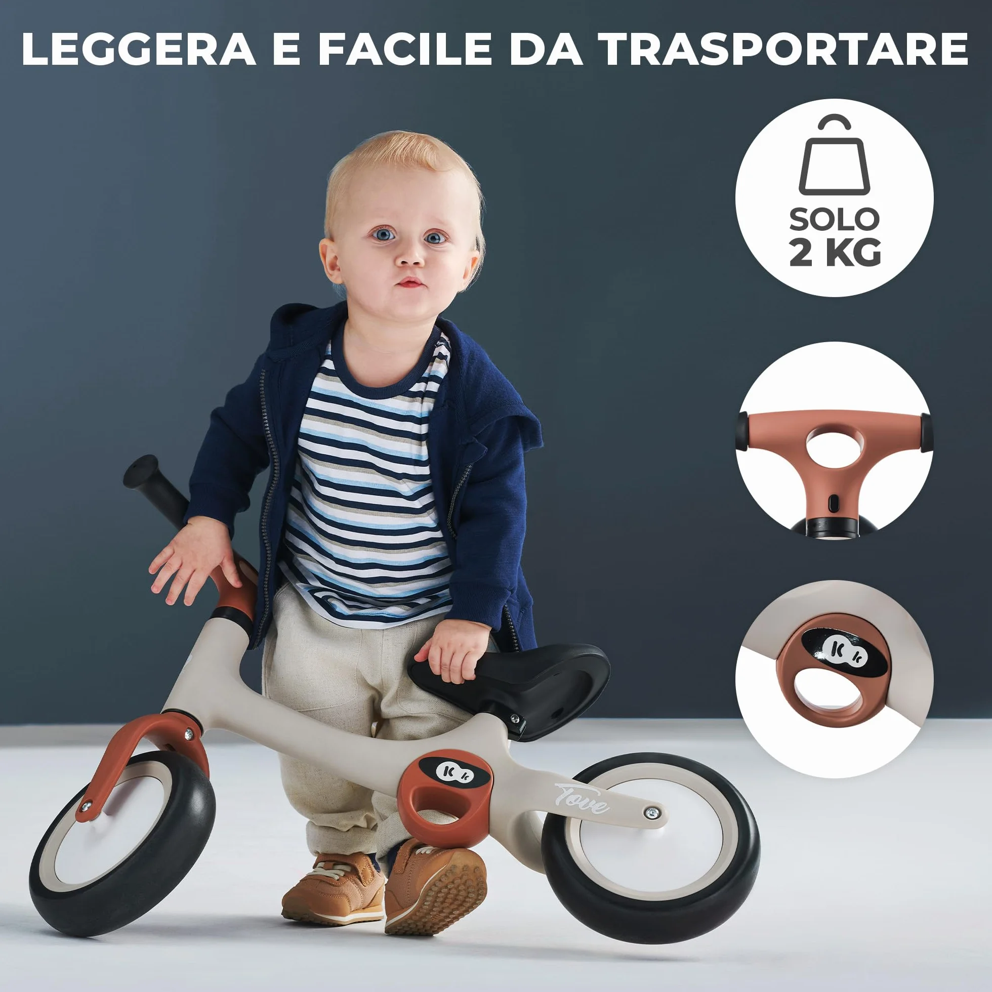 kk Kinderkraft TOVE Bicicletta bambini da 1,5 anni, Bici senza pedali, Design sportivo, Regolazione della sella, Bloccasterzo, Montaggio facile, Struttura leggera - 2 kg, Beige