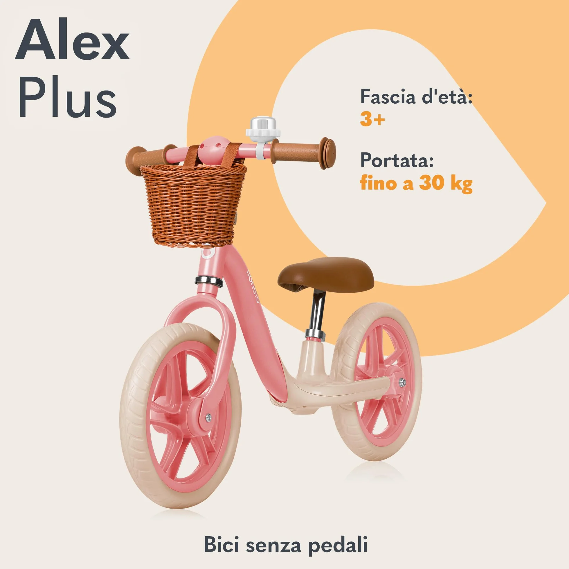 lionelo Alex Bici senza pedali per bambini da 3 anni fino 30kg Resistente e leggera solo 3kg Ruote in schiuma EVA 30cm Manubrio e sella regolabili Blocco dello sterzo Poggiapiedi Cestino