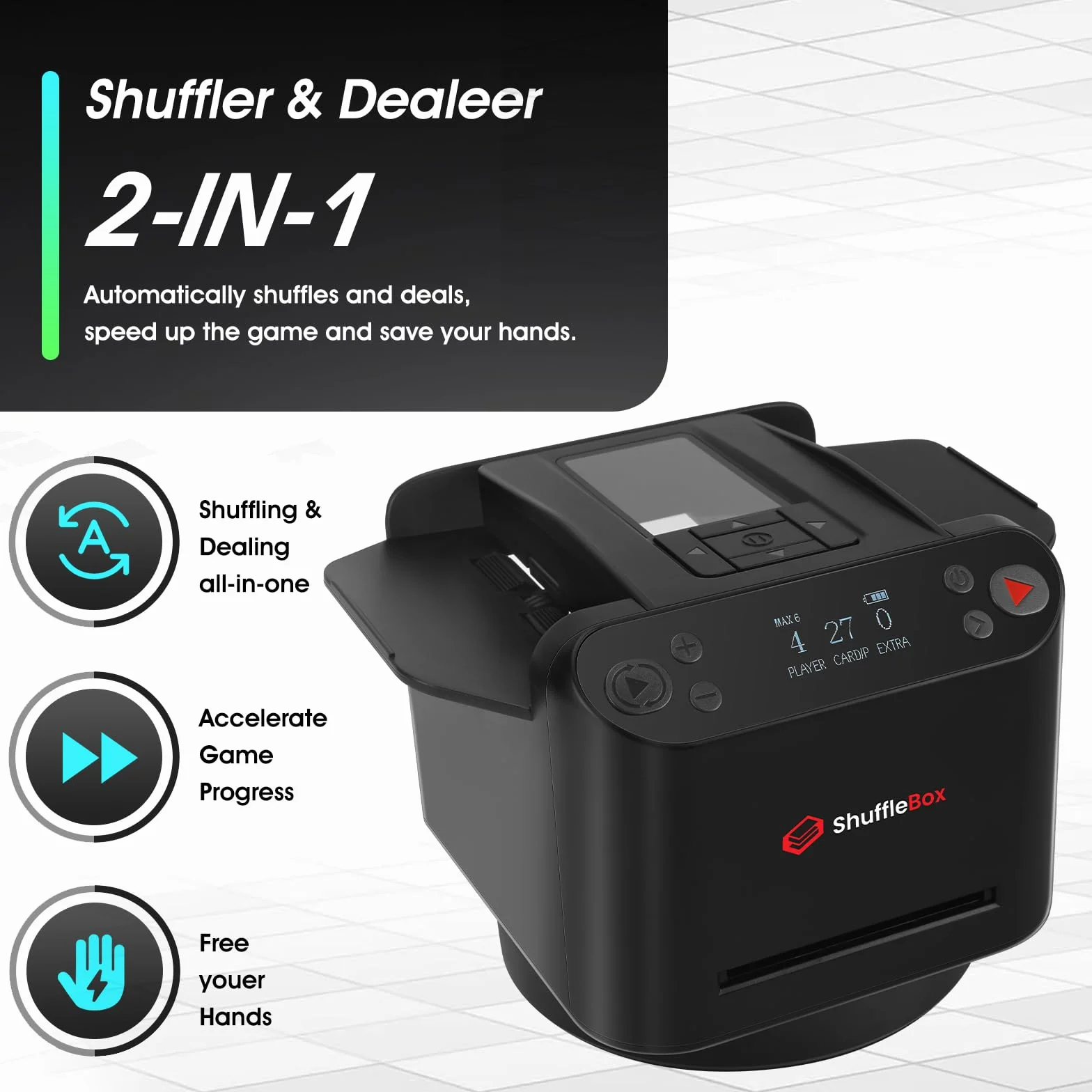 ShuffleBox G1 Pro Automatico Mescolatori di carte e commerciante di Carte 2 in 1,Ultra silenzioso, ricaricabile,Collabora con UNO, Five Crowns, Monopoly Deal, Bicycle and Maverick Cards (Nero)