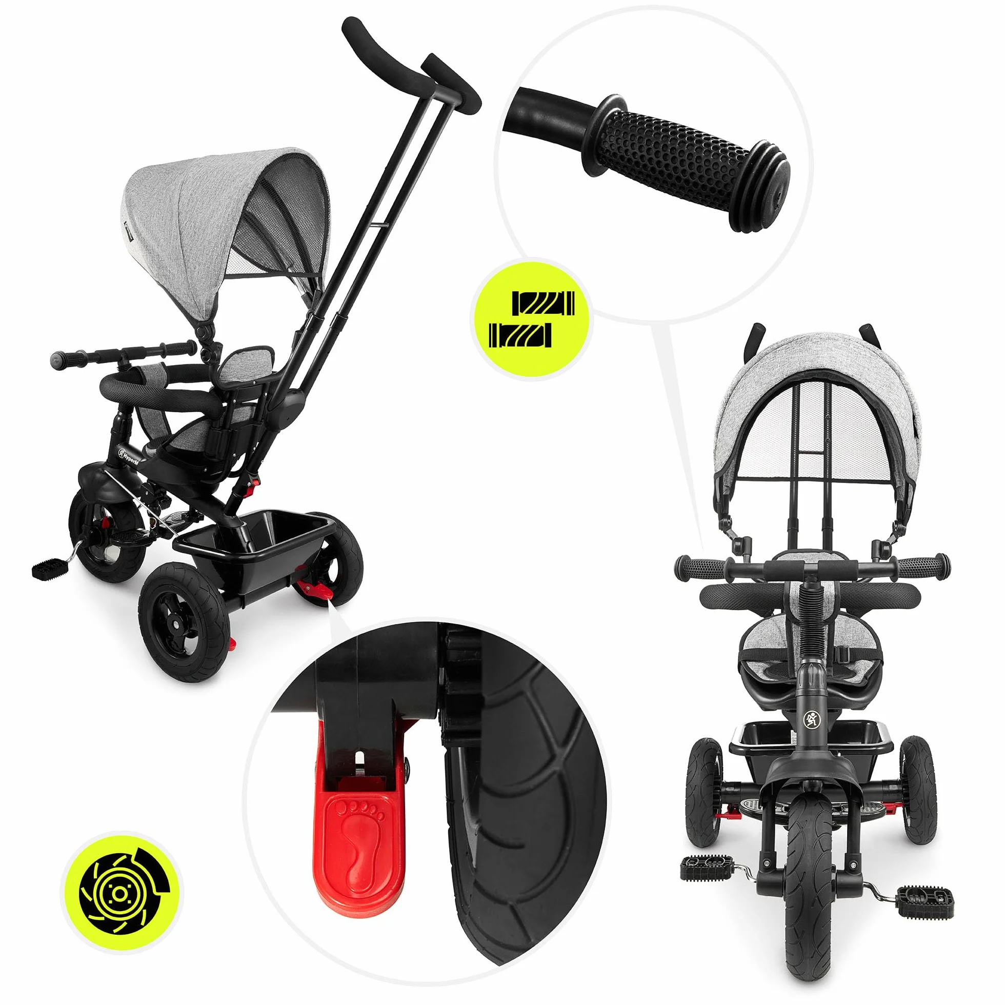 HyperMotion Triciclo Pieghevole per Bambini 1-4 Anni con Manubrio per Genitori - Bicicletta Evolutiva fino a 20kg - Monopattino Bambino Regolabile con Struttura Ergonomica, Grigio