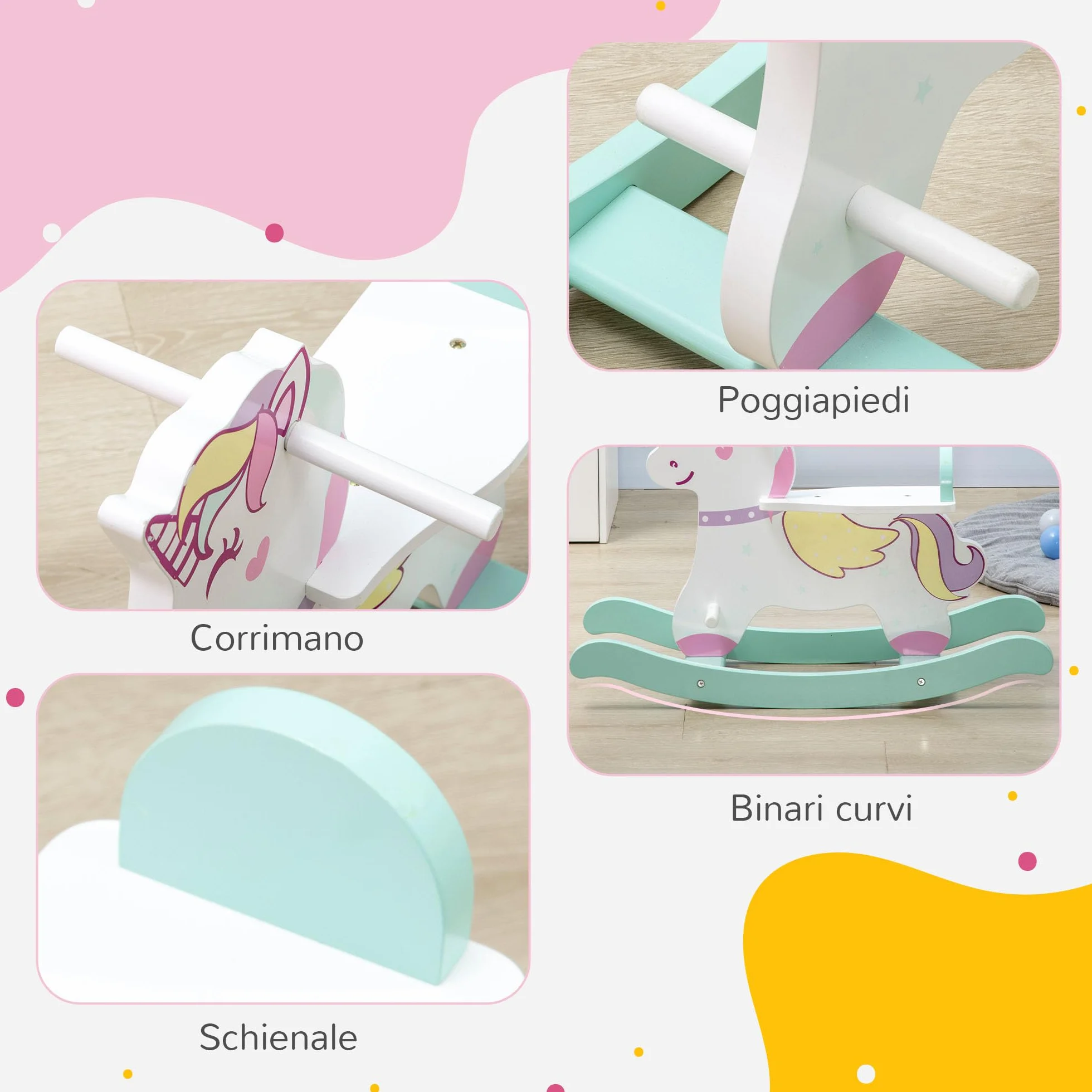 HOMCOM Cavallo a Dondolo per Bambini 1-3 Anni Cavalcabile, Cavalluccio a Dondolo con Maniglie, Schienale e Pedali in MDF, 68x27x47.5 cm, Blu Rosa Bianco