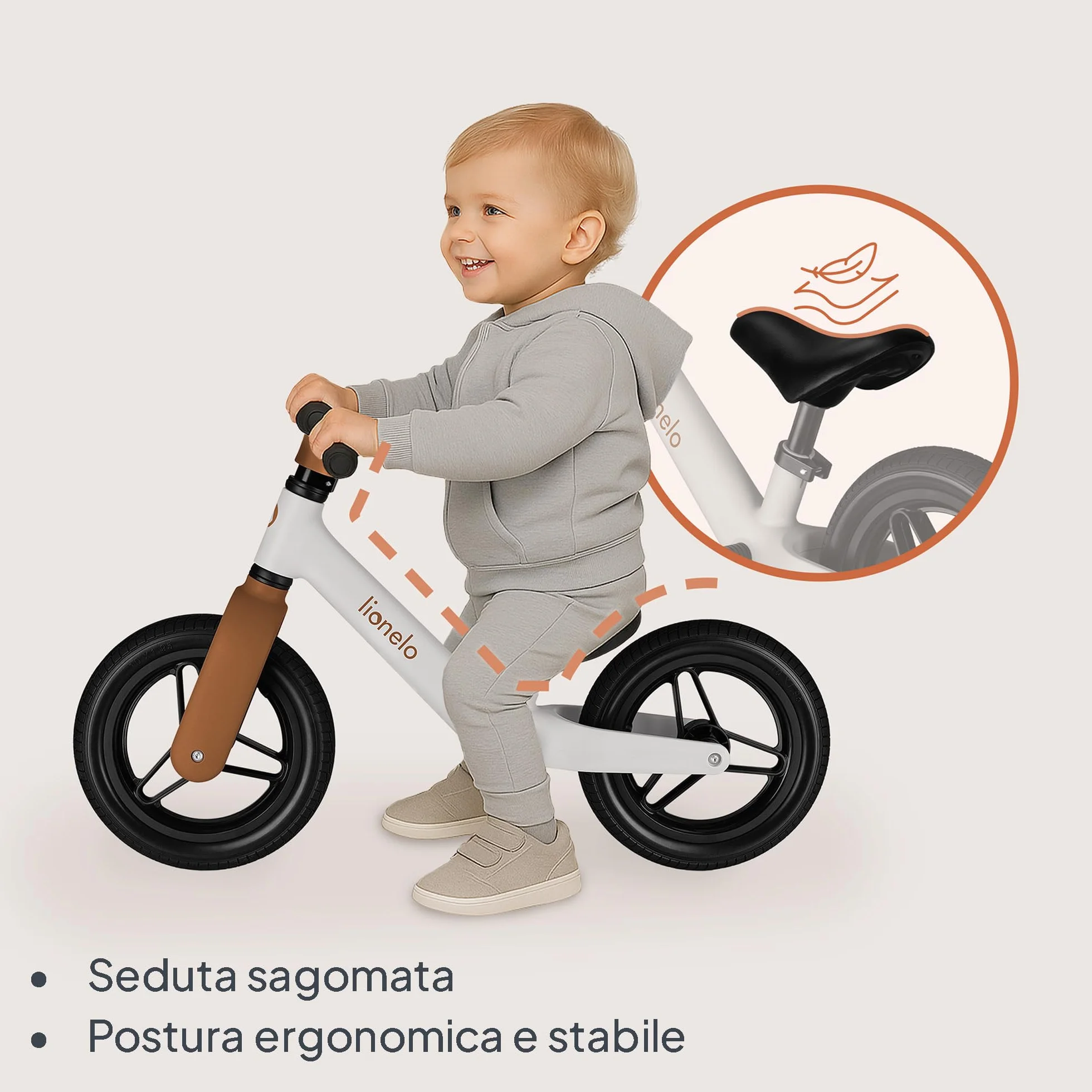 lionelo Bicicletta Senza Pedali TONI Per Bambini da 18 mesi a 30kg Ruote in Gomma PU da 25cm Poggiapiedi Cestino Sella e Manubrio Regolabili Impugnatura Antiscivolo Leggero Campanello