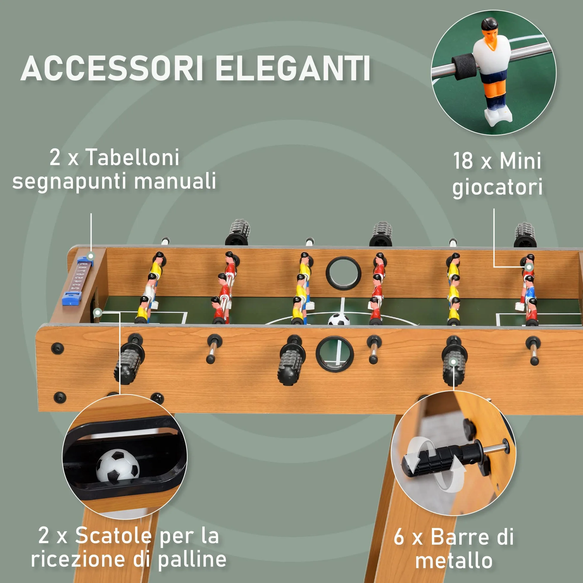 HOMCOM Calcio Balilla Pieghevole Compatto in Legno, Biliardino Salvaspazio con 6 Aste, 18 Giocatori e Segnapunti, 69x37x70cm
