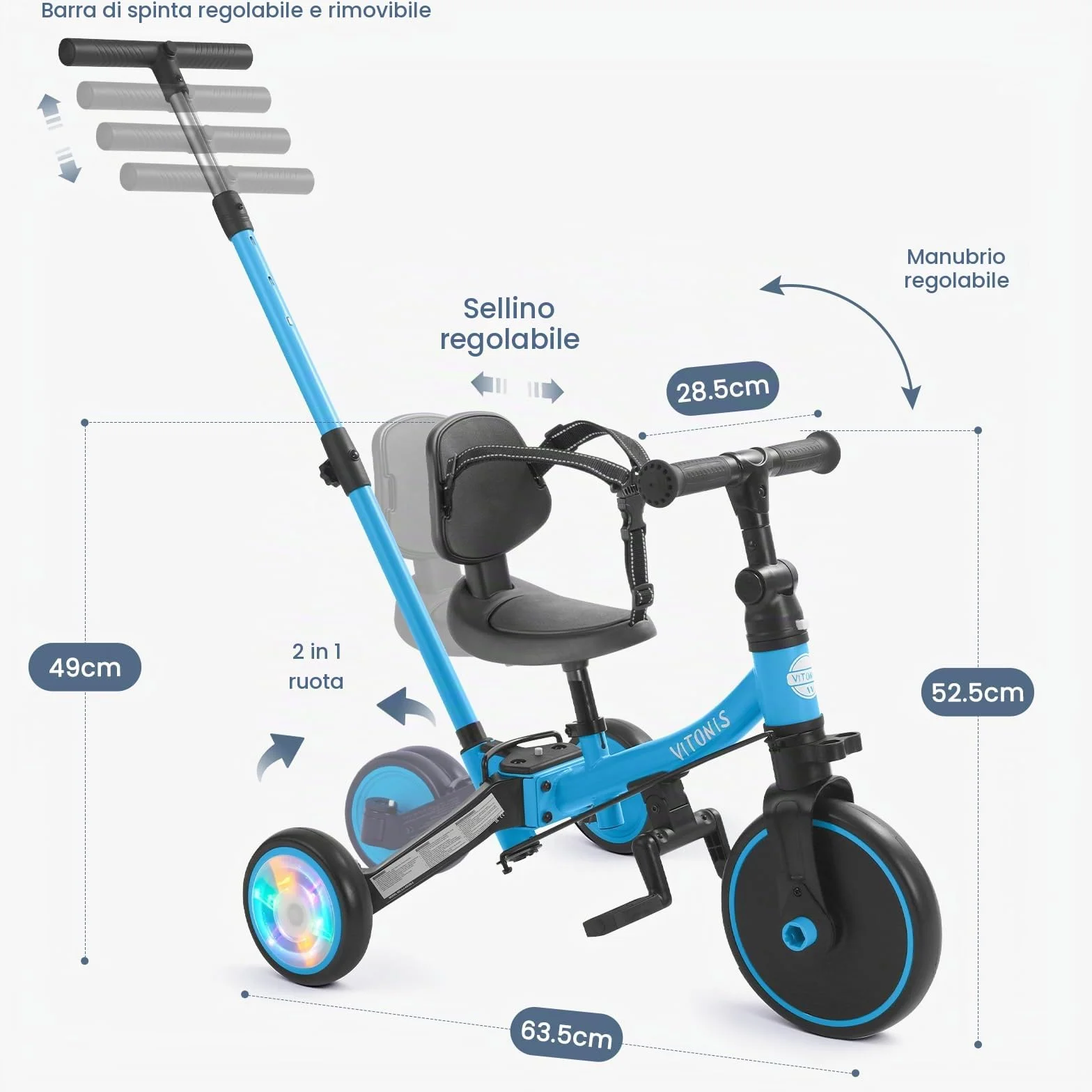 VITONIS Triciclo 5 in 1 per bambini dai 18 mesi ai 3 anni, con ruote lampeggianti, maniglione di spinta, schienale e cintura di sicurezza, regalo per bambini e bambine, bicicletta senza pedali, blu