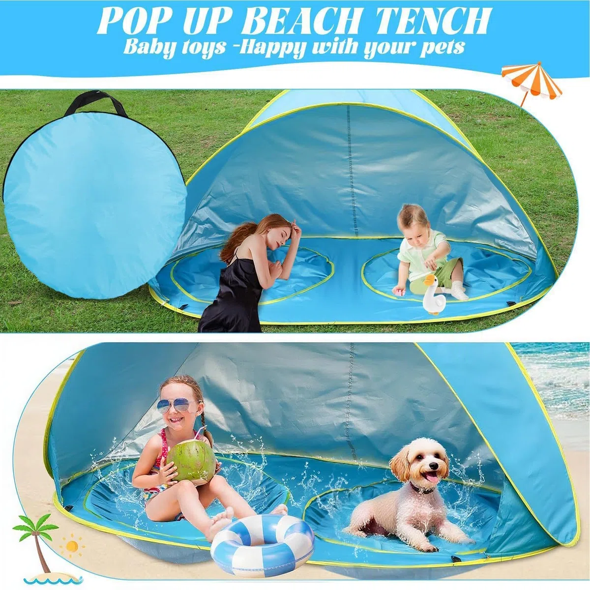 Kids Beach Tent With Pool, Pop-Up Sun Shelter UV Protection Foldable Portable