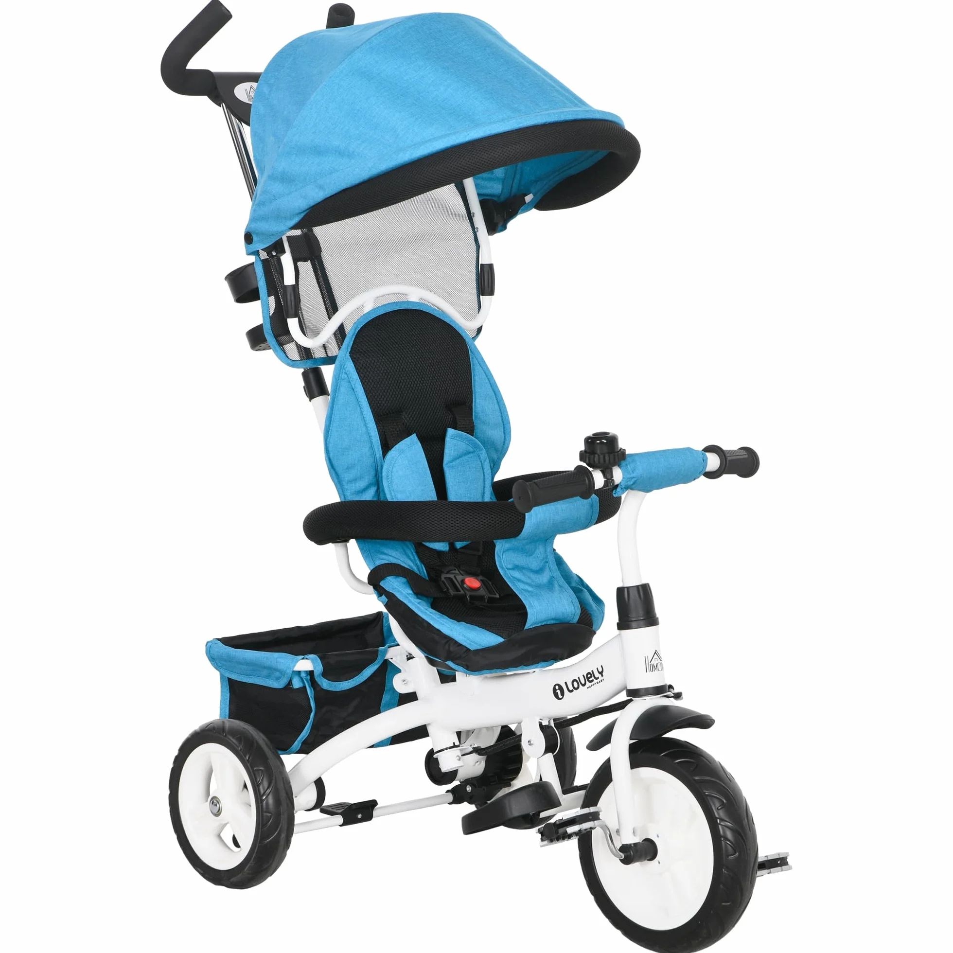 HOMCOM Triciclo per Bambini con Maniglione 6 in 1, Passeggino per Bambini con Tettuccio Regolabile, Cintura di Sicurezza e Cestino, Età 1-5 Anni, Blu