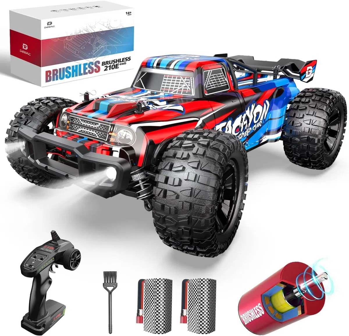 DEERC Auto telecomandato 1:10 scala alta velocità senza spazzole, per adulti, 4WD 60+ KM/H alta velocità, 2.4Ghz fuoristrada RC Crawler 40+ minuti di tempo di gioco, regalo per ragazzi (210E)