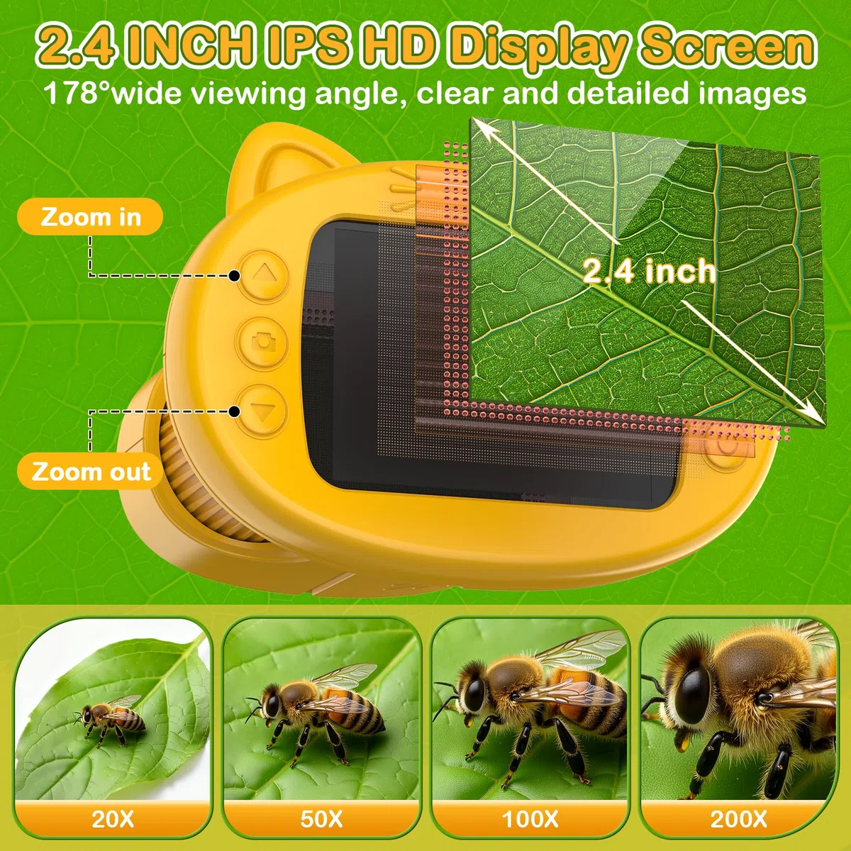 GlobalCrown Microscopio digitale tascabile,Microscopio bambini portatile 200x con schermo da 2,4 pollici,giocattolo per l'apprendimento scientifico per 3, 4, 5, 6, 7, 8, 9,10,11 anni ragazzi,ragazze