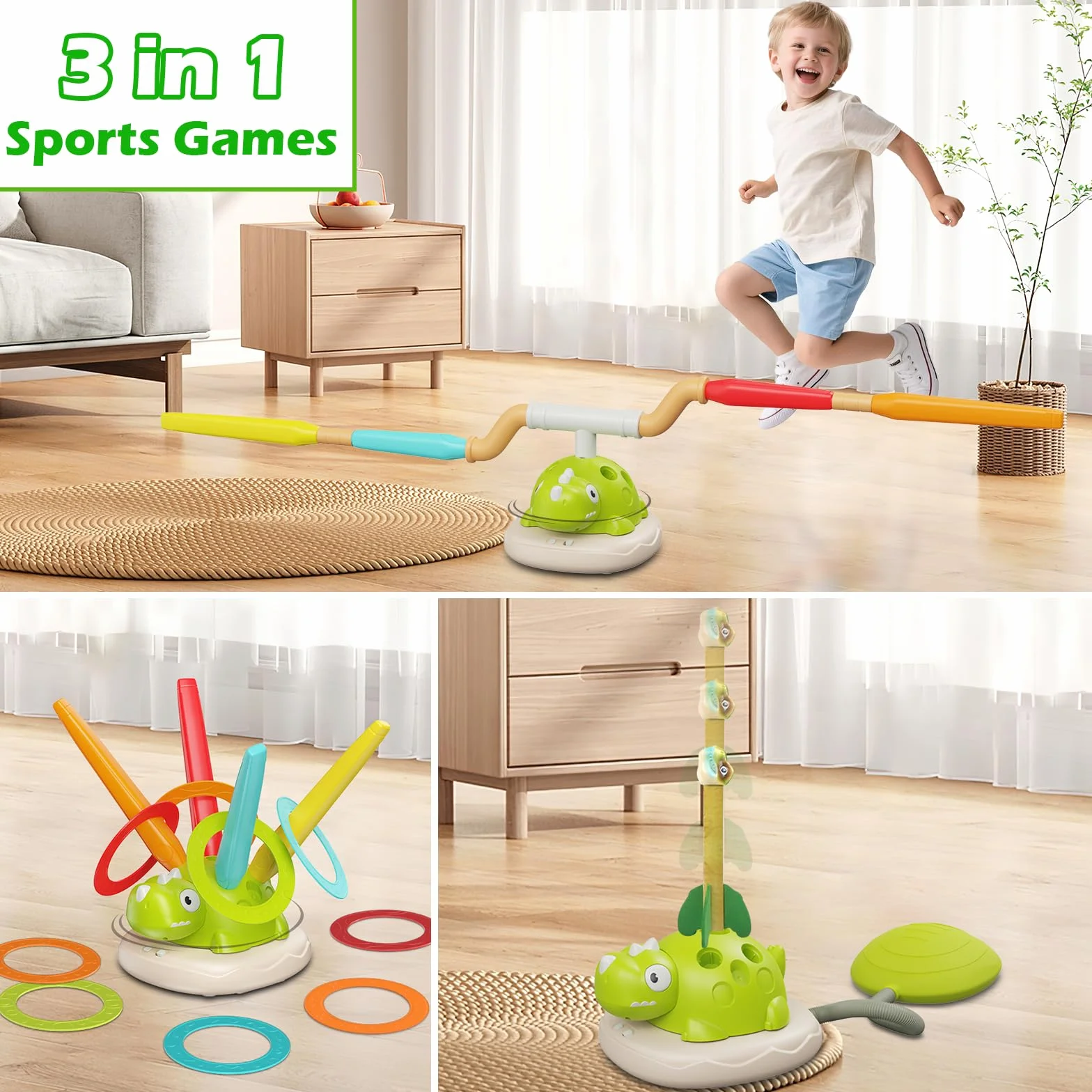 3 in 1 Giochi da Esterno per Bambini 3 4 5 6 7 8 9 Anni – Salta con Musica, Razzo Spaziale Giocattolo e Gioco Lancio Anelli – Giochi da Interno ed Esterno per Coordinazione e Abilità Motoria