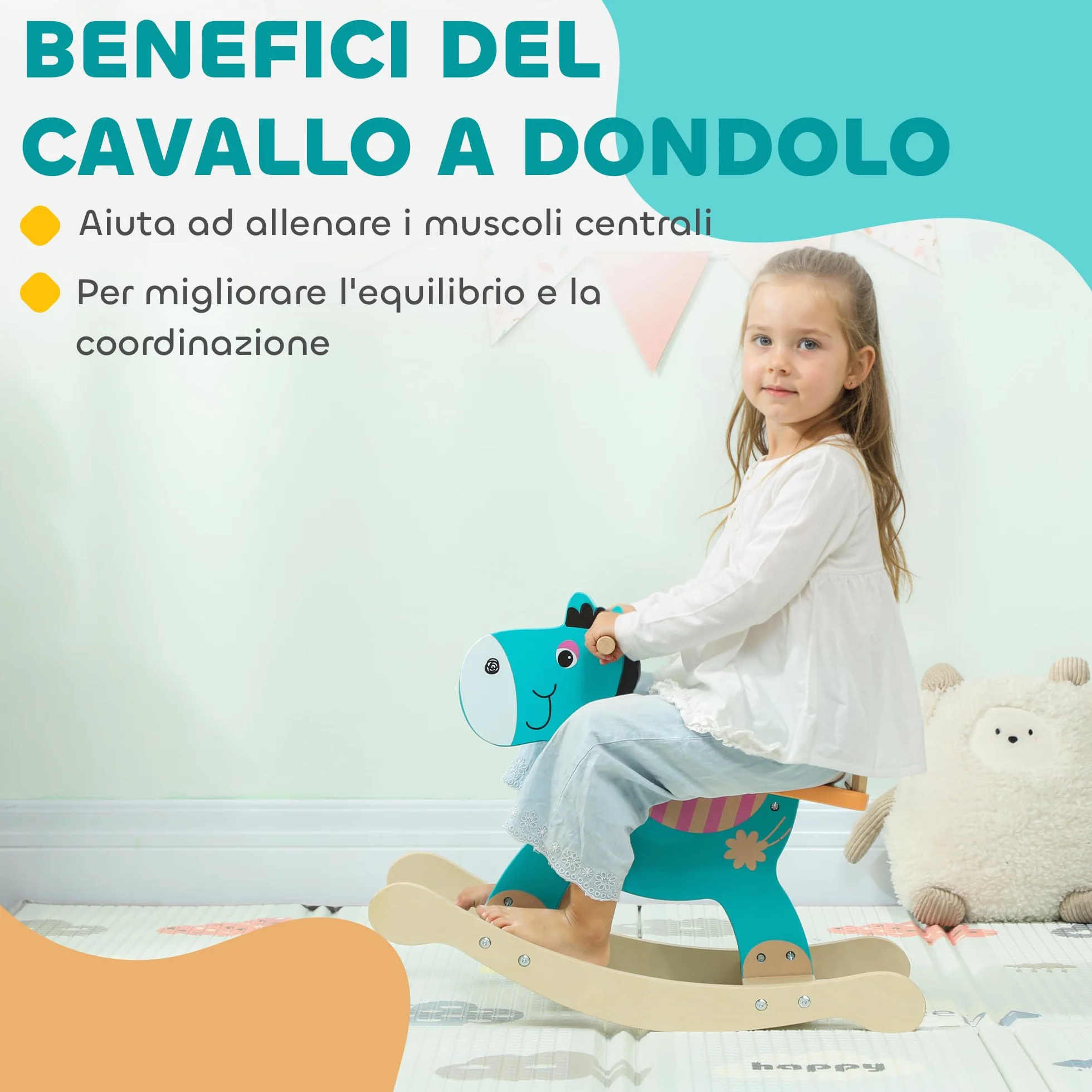 AIYAPLAY Cavallo a Dondolo a Forma di Asino per Bambini 2-5 Anni con Base Larga, Cavallino a Dondolo in Legno compensato, 59x27x43 cm, Verde Scuro e Arancione