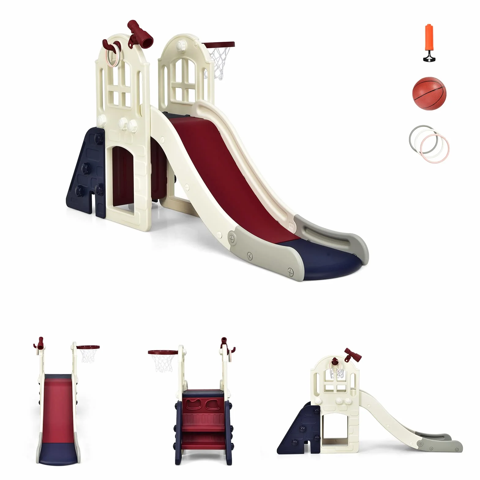 RELAX4LIFE 3 in 1 Centro Attività per Bambini, Parco Giochi con Scivolo, Anello di Lancio e Canestro, Set di Scivoli per Bambini da Giardino o Cameretta, Età 18 mesi-5 anni (Blu+Beige)