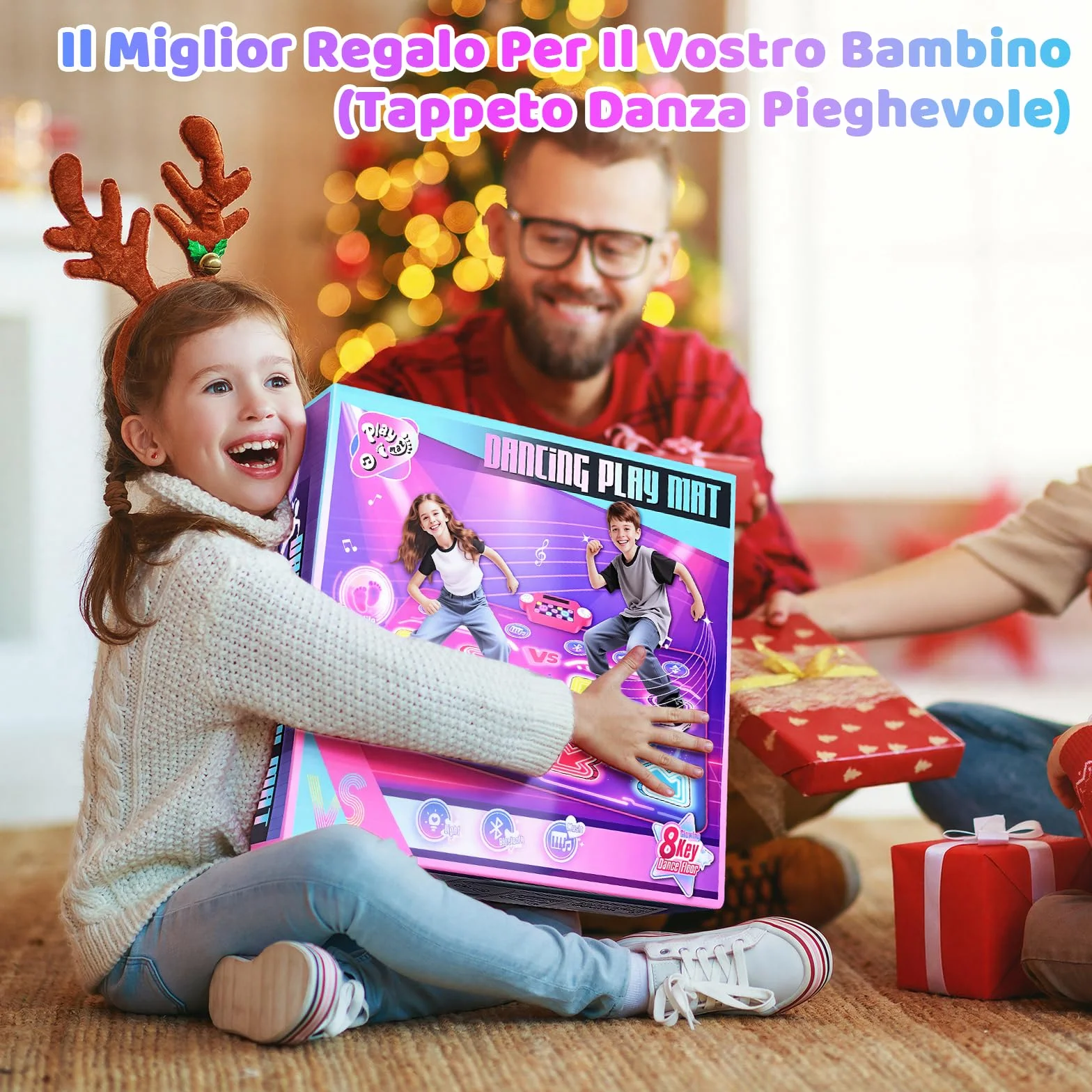 Bambini Tappetino da Ballo con 8 LED, Tappeto da Ballo con Bluetooth per 3 4 5 6 7 8+ Anni,Tappetino da Ballo Elettronico,Giocattolo Tappeto Musicale da Ballo,Regali di Natale di Compleanno (SR)