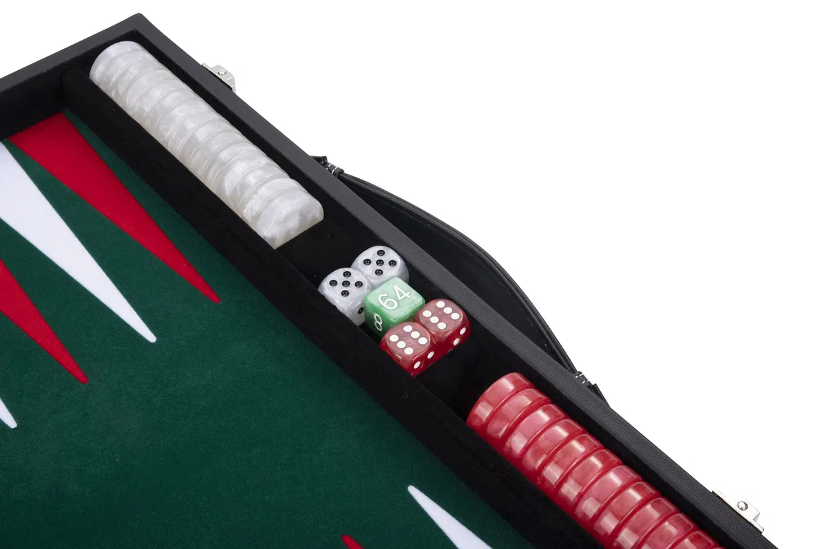 Engelhart - 250511 - Grande Backgammon di Lusso 45,5 cm (18 Pollici) - Similpelle Rossa con Inserto in Feltro - Dadi e Fiches Madreperlate - 2 Bicchierini - Gioco Strategico da Tavolo