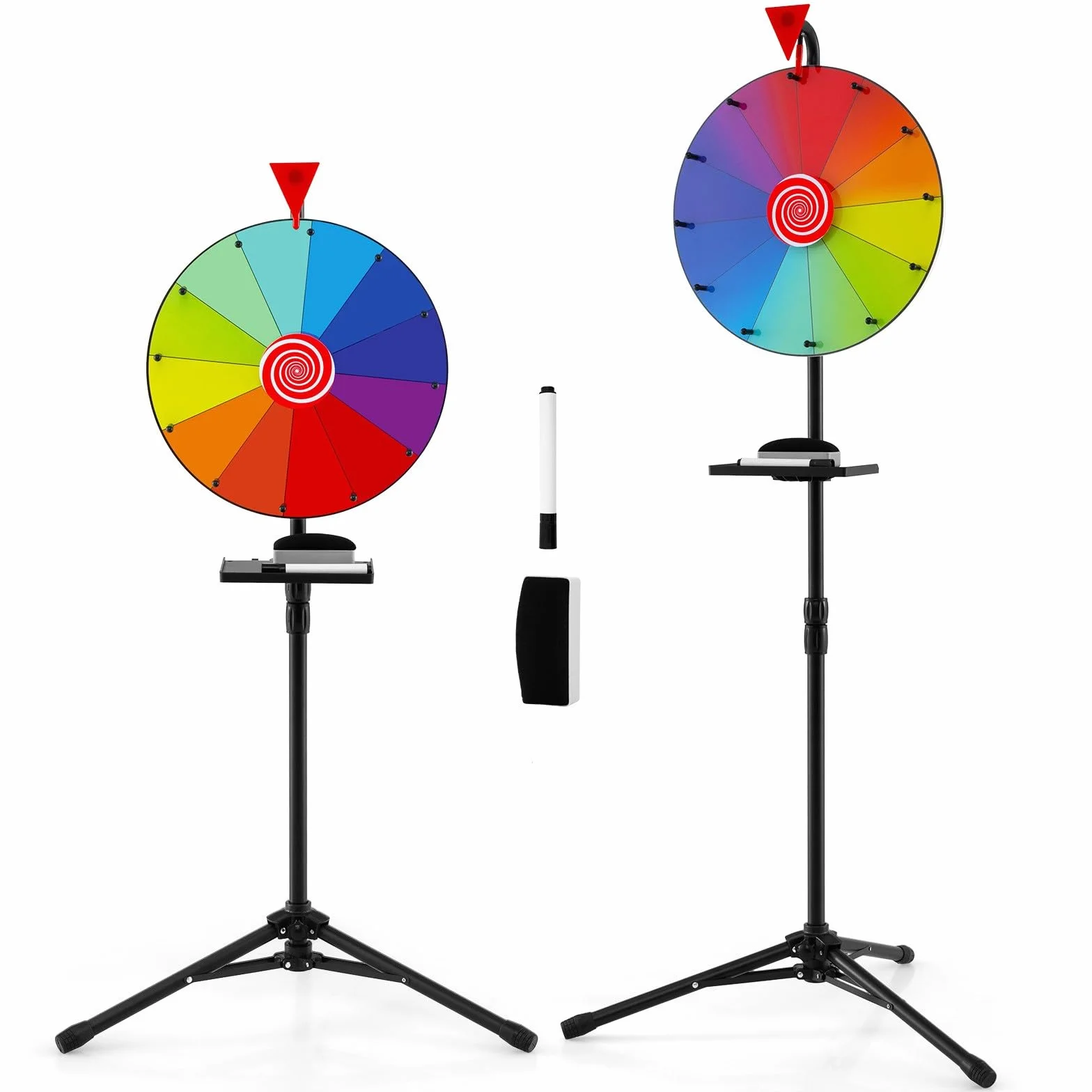 GYMAX Ruota dei Premi Rotante da 40 cm, Ruota della Fortuna con Altezza Regolabile, con Supporto a Treppiede Pieghevole, Pennarello e Gomma per Lavagna, Ruota della Roulette Colorata a 12 Slot