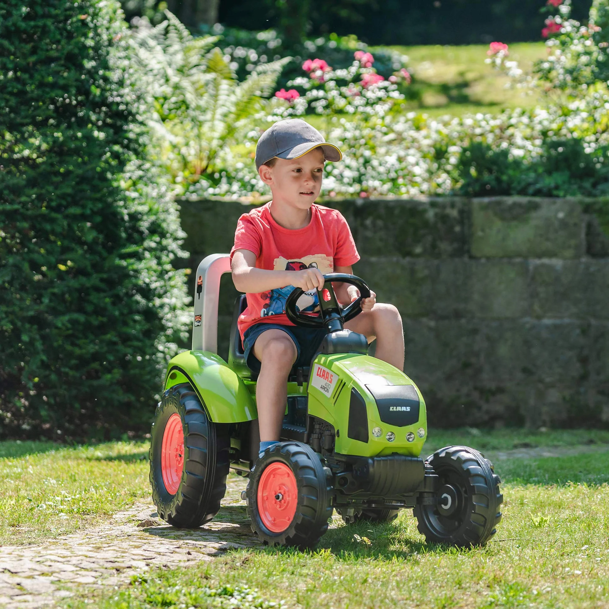 Falk 1040AB - Trattore a Pedali Claas con rimorchio, a Partire da 3 Anni, Prodotto in Francia, Volante direzionale con clacson, Sedile Regolabile