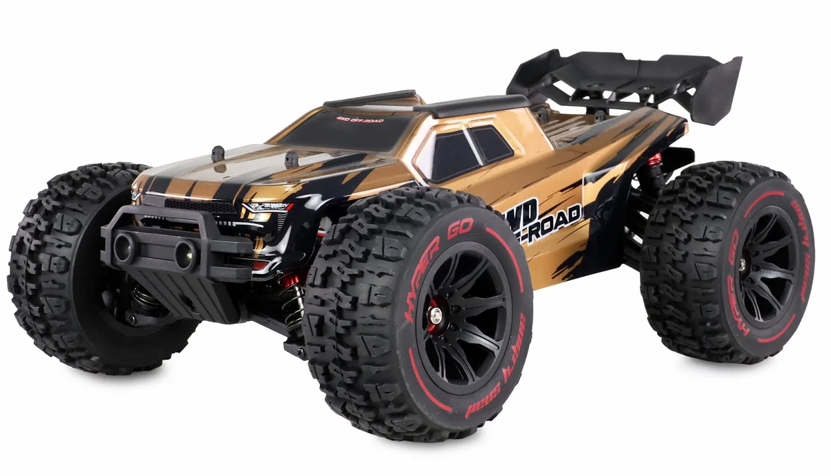 Amewi Hyper GO Truggy brushless 4WD 1:14 RTR nero incl. Wheelie-Bar, pezzi di ricambio, corpo dorato RC telecomandato