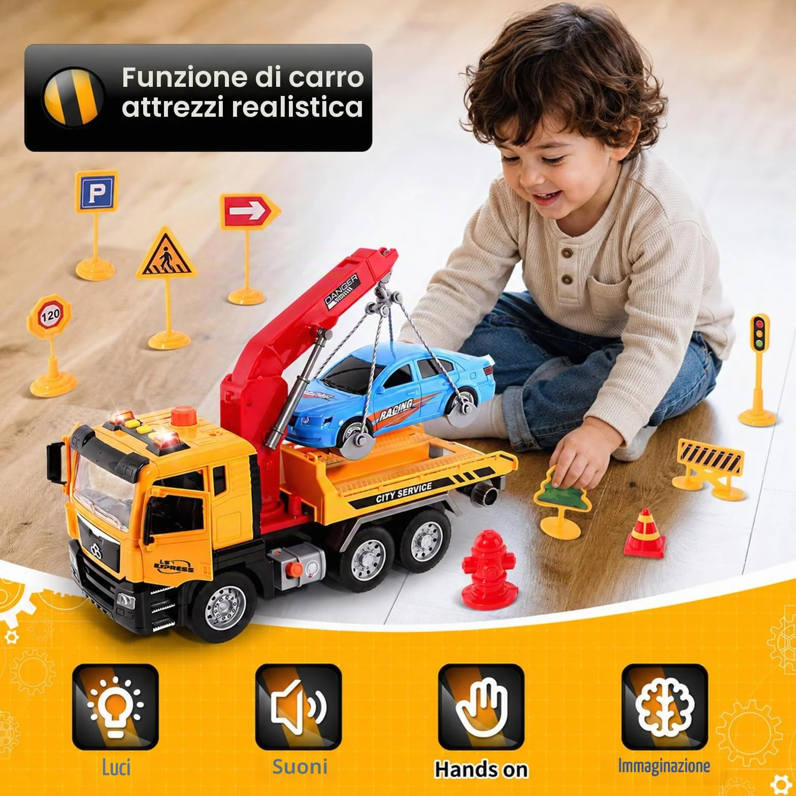 BunnyJOY Camion Giocattolo Bambini 3 4 5 6 Anni, Camion Soccorso Giocattolo con Luci e Suoni, Carro Attrezzi con Gru e Catena con Auto Inclusa, Regalo Bambini