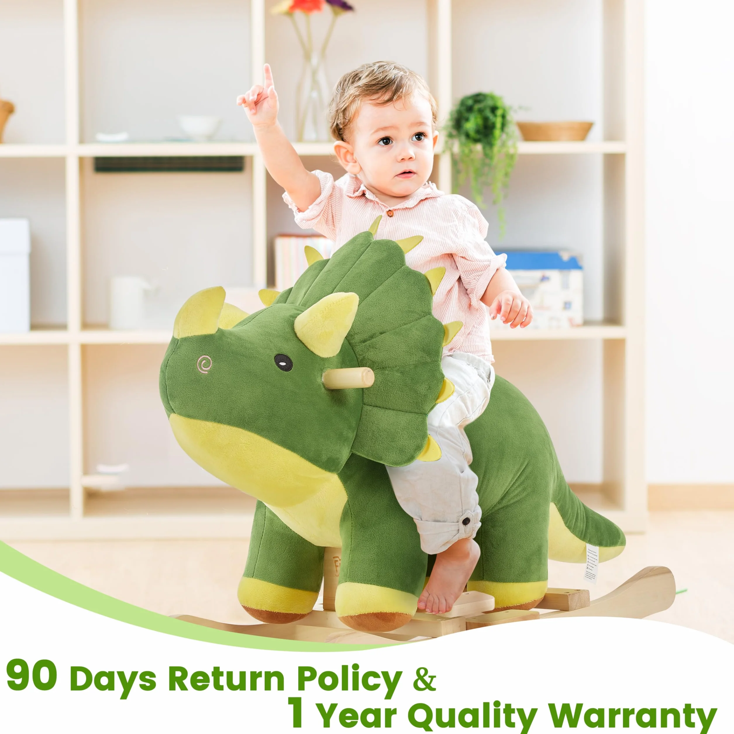 FUNLIO Dinosaur Baby Rocking Horse per Bambini 1-3 Anni, Triceratopo a Dondolo Peluche Verde Potente e Carino, Cavalcabile Dinosauri a Dondolo, Facile da Montare