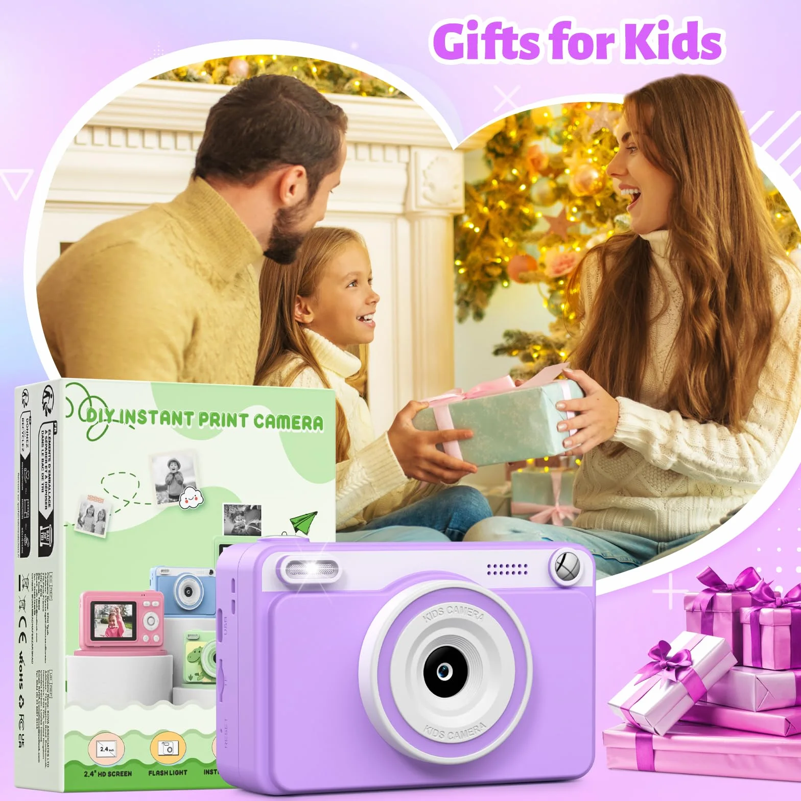 Macchina Fotografica Bambini Istantanea 2.4" Schermo 1080P con 32GB Scheda Regalo 3-14 Anni