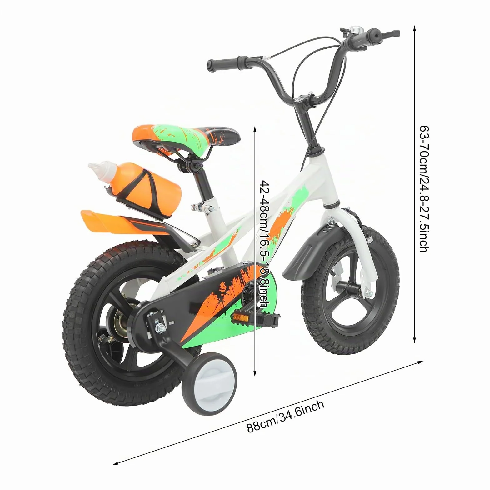 Bicicletta per bambini da 12 pollici, con ruote di supporto e bottiglia d'acqua, regolabile in altezza, bicicletta da allenamento con campanello, per bambini da 2 a 5 anni
