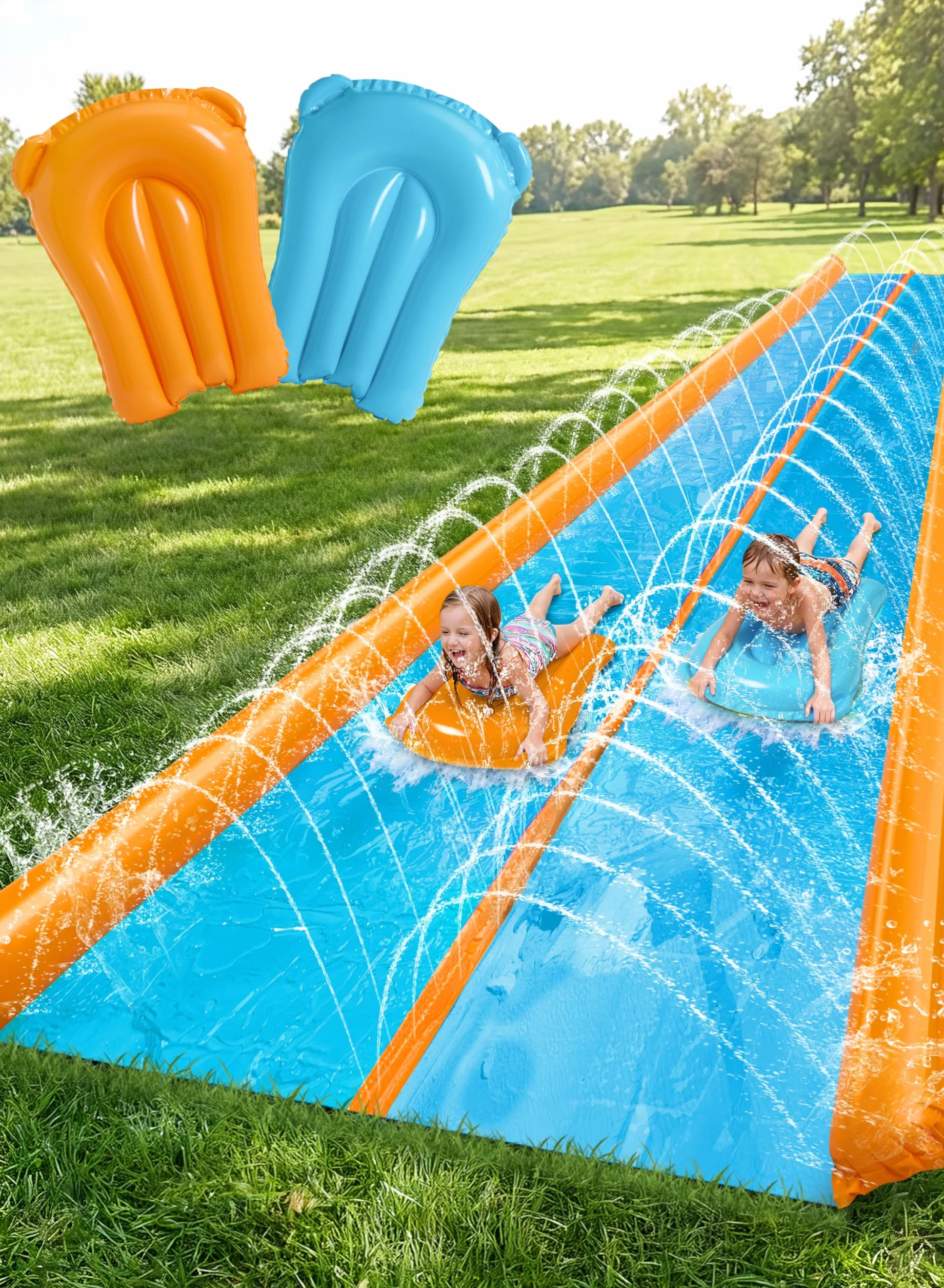 Sloosh 762 × 183 cm doppio scivolo d'acqua per prato con irrigatore e 2 tappetini gonfiabili