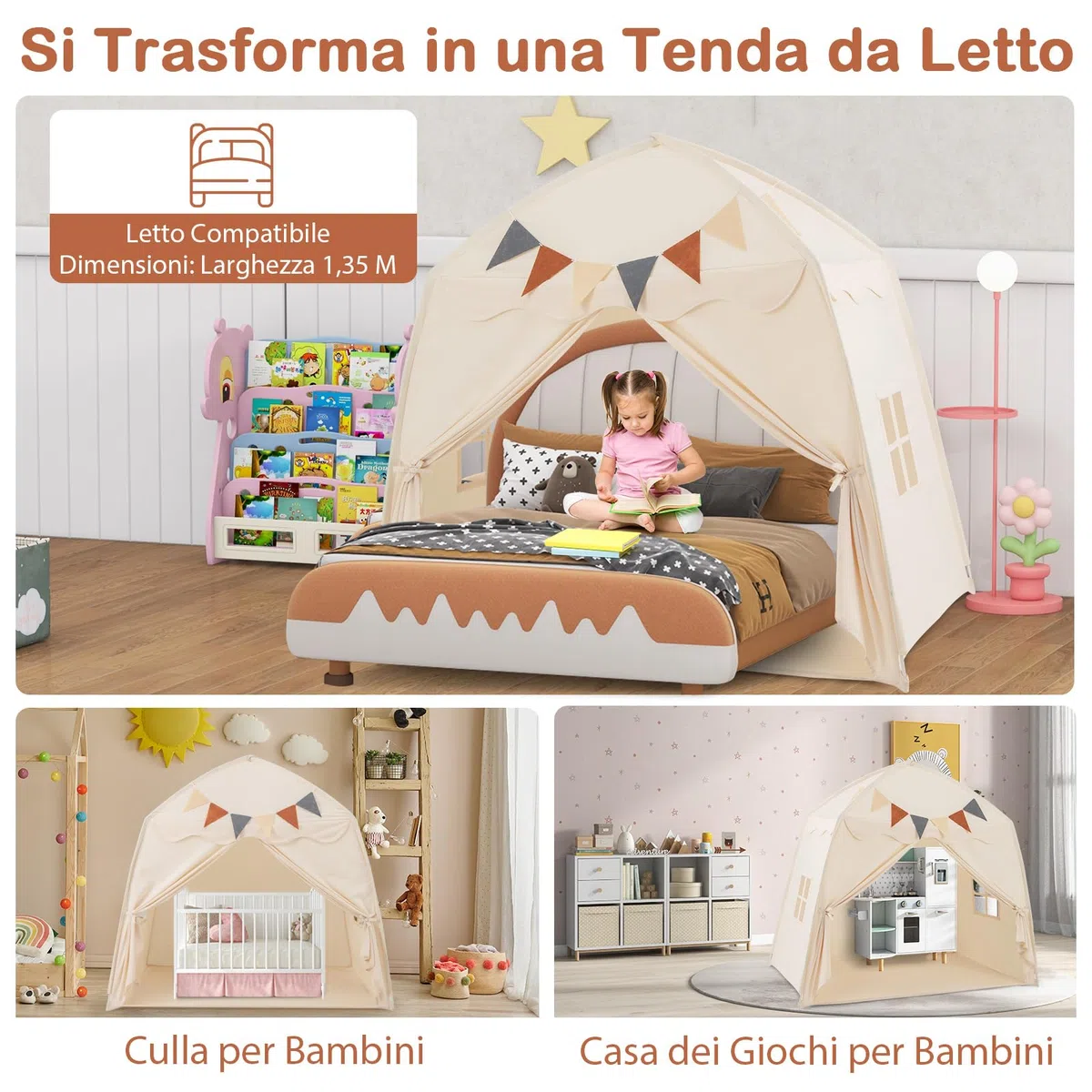 COSTWAY Tenda per Bambini con Luci Fatate, Casetta da Gioco Portatile 157x98x148 cm Beige