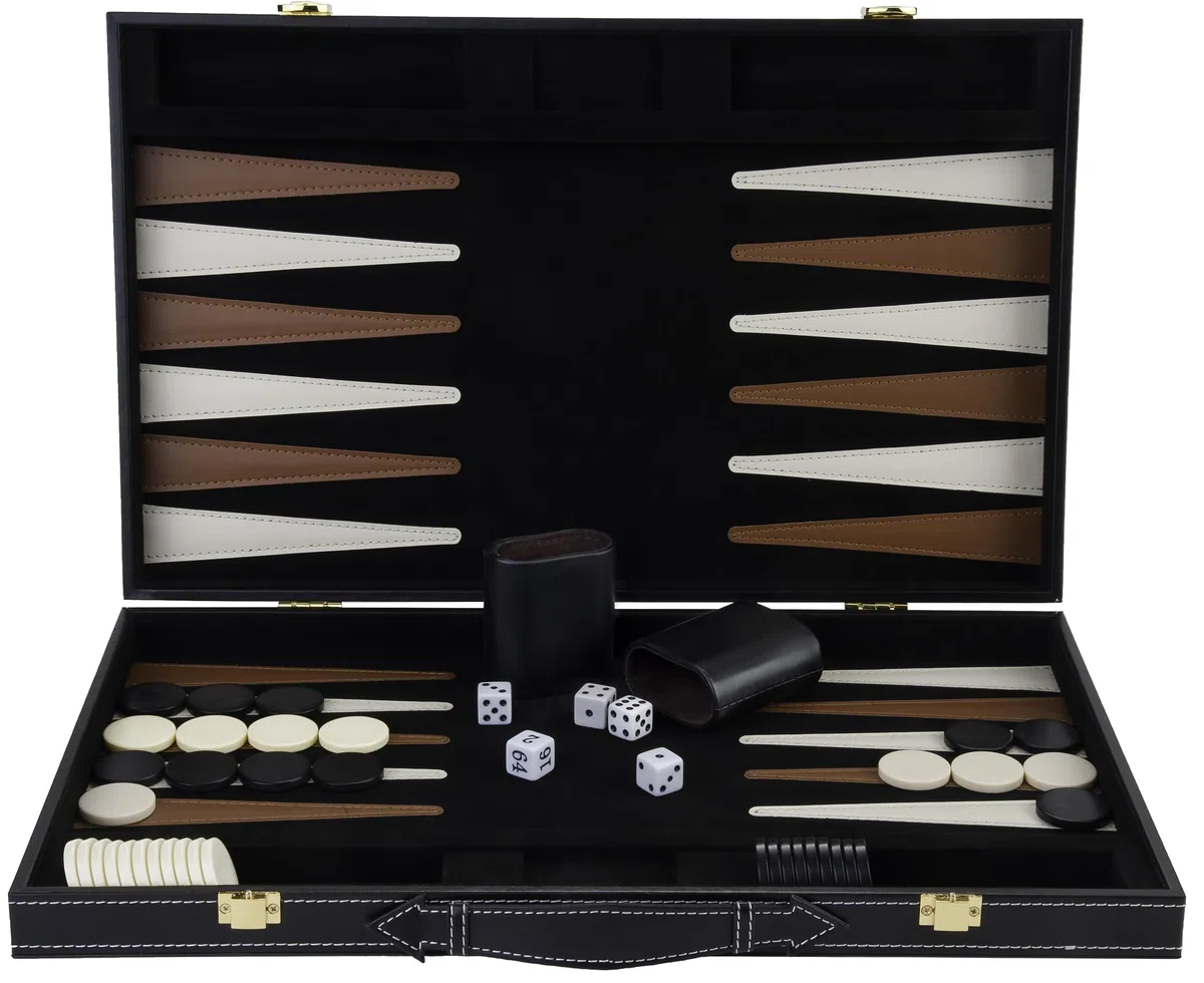 Engelhart - 250504 - Gioco di Backgammon in Legno Deluxe in Custodia Rivestita in Similpelle, 2 Giocatori, 5 Dadi, 2 Tazze e Shuffleboard (Marrone/Avorio 45,7 cm)