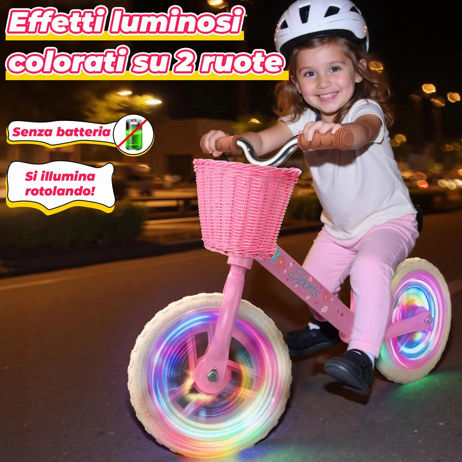 HappyGoLucky Bici Senza Pedali 2-5 Anni, Bicicletta Bambina – Ruote Luminose/Altezza Regolabile/Cestino Intrecciato, Giochi Regalo Giocattoli Gioco Bambina 2-5 Anni