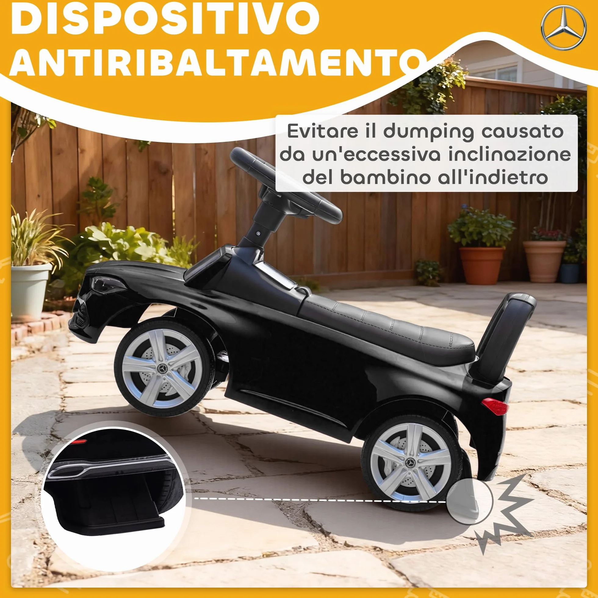 AIYAPLAY Macchina Primi Passi per Bambini Licenza Mercedes Benz con Clacson e Spazio Portaoggetti, Auto per Bambini in PP e Acciaio, 65x28x39 cm, Nero