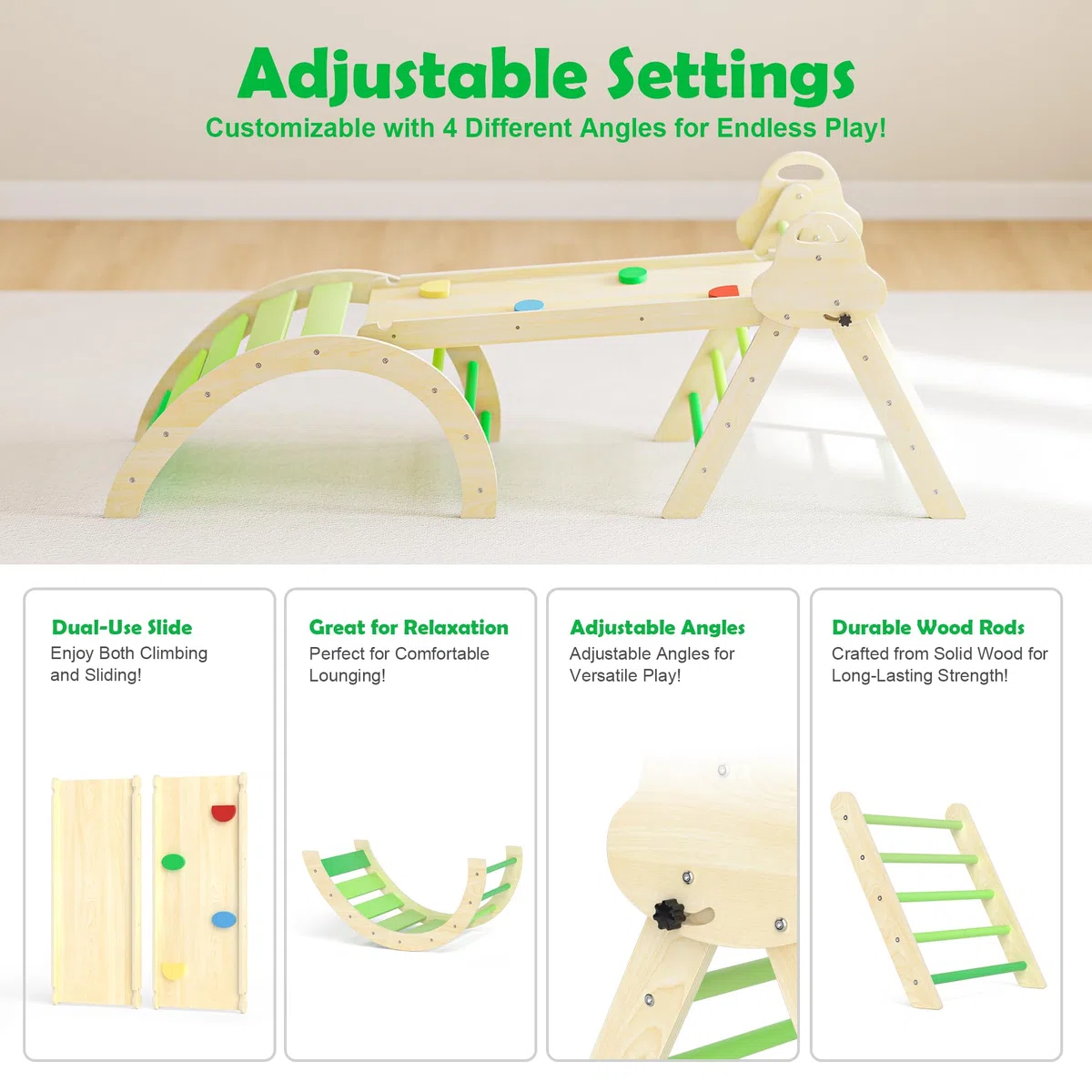 Puecrof Triangolo da Arrampicata Montessori 7 in 1 con Cuscino, Giocattolo da Arrampicata in Legno per Bambini da 1 a 3 Anni, Arco per Arrampicata Indoor con Scivolo, Scala e Arco da Gioco (Verde)