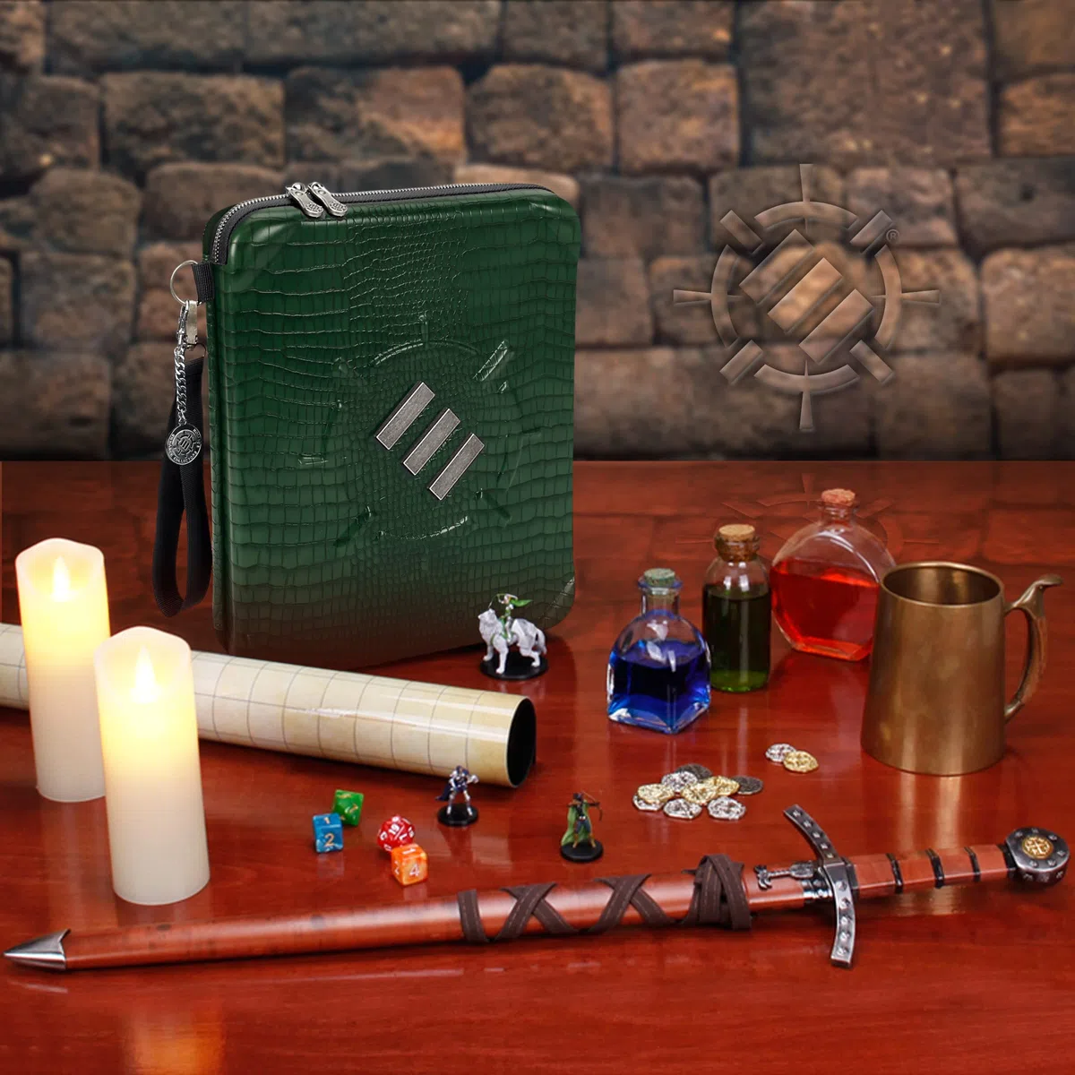 ENHANCE Custodia Organizer per Giochi di Ruolo in Edizione da Collezione - Raccoglitore DND con Supporto per Fogli di Personaggi Integrato e Pannello per Scriba Cancellabile (Dragon Verde)