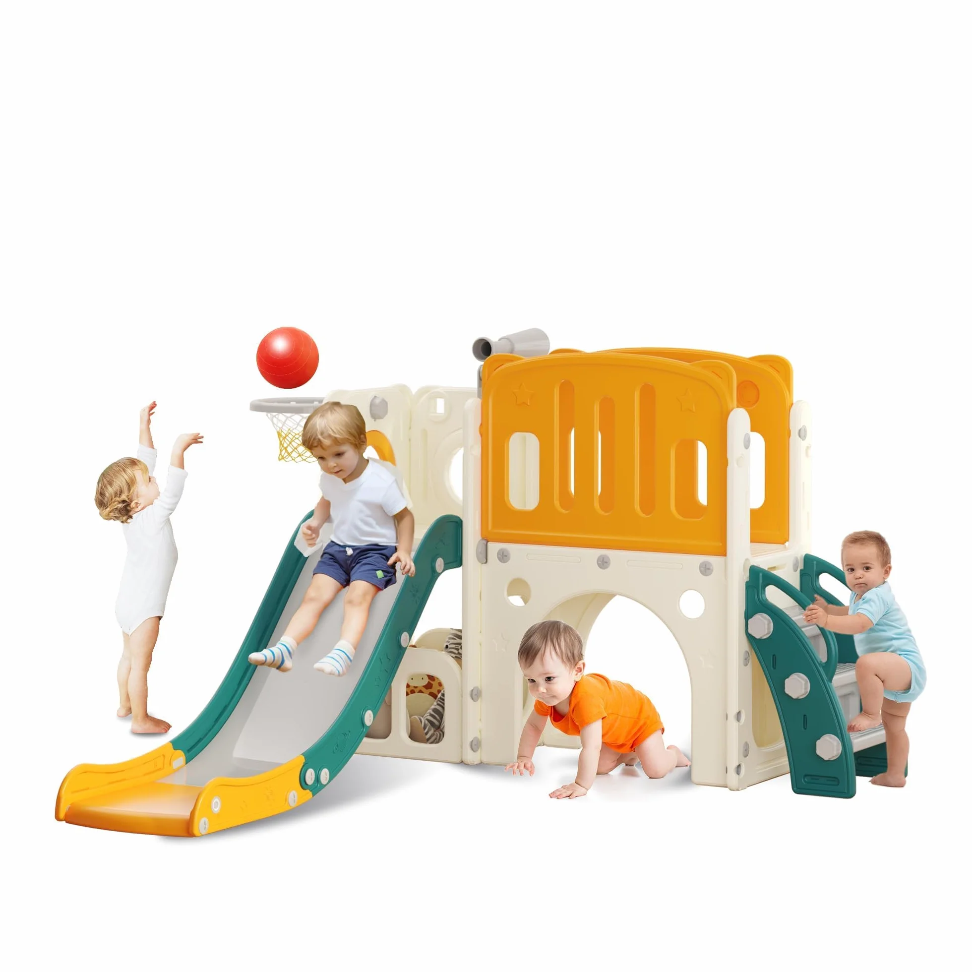 Scivolo per Bambini con Scala da Arrampicata, Canestro da Basket e Tunnel, Set di Scivolo in Plastica per Interni per Bambini, Giochi Montessori per Parco Giochi, Verde