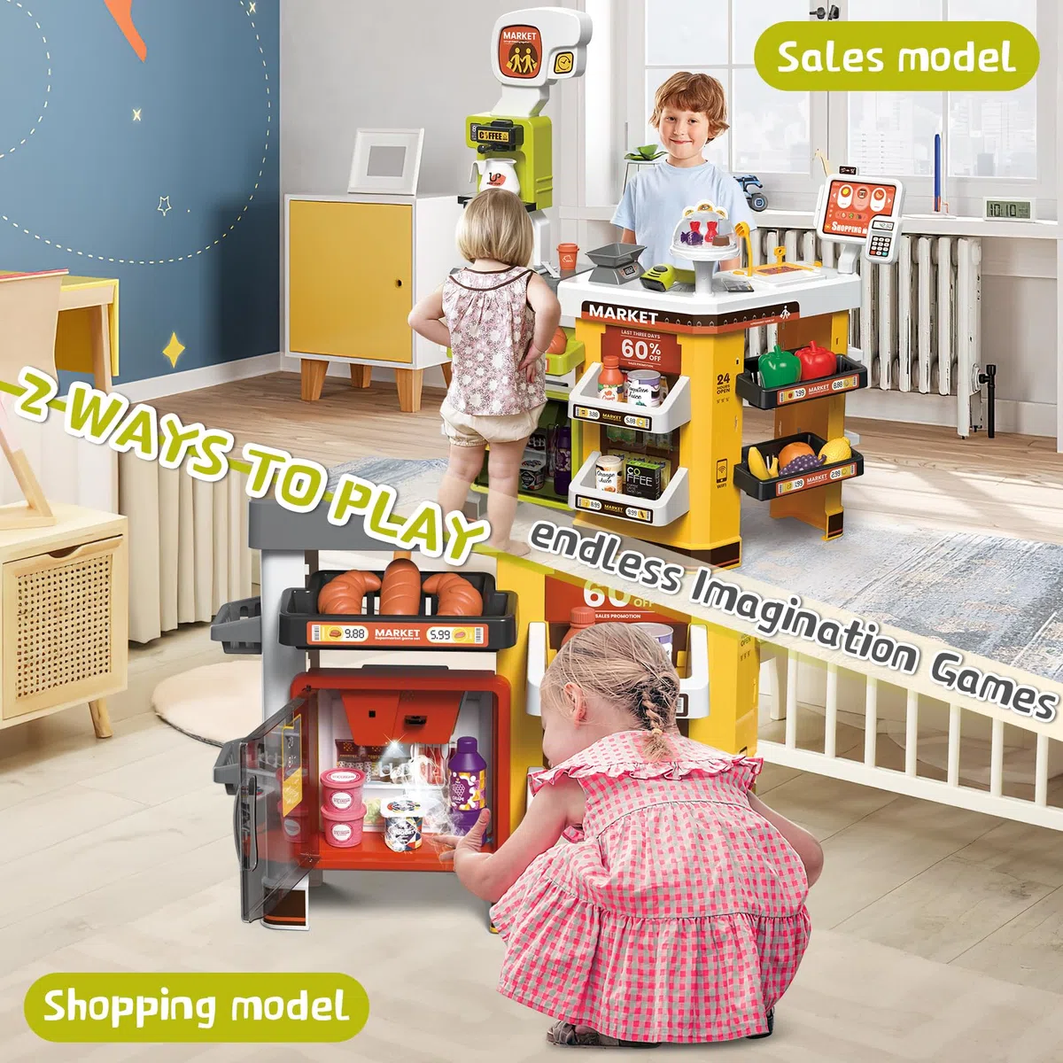 deAO Supermercato Con Carrello Della Spesa, Registratore Di Cassa, 65pcs Accessori Per Negozi, Registratore Di Cassa Con Scanner E Suono, Negozio Giocattolo Per Bambini Da 3 Anni, Compleanno