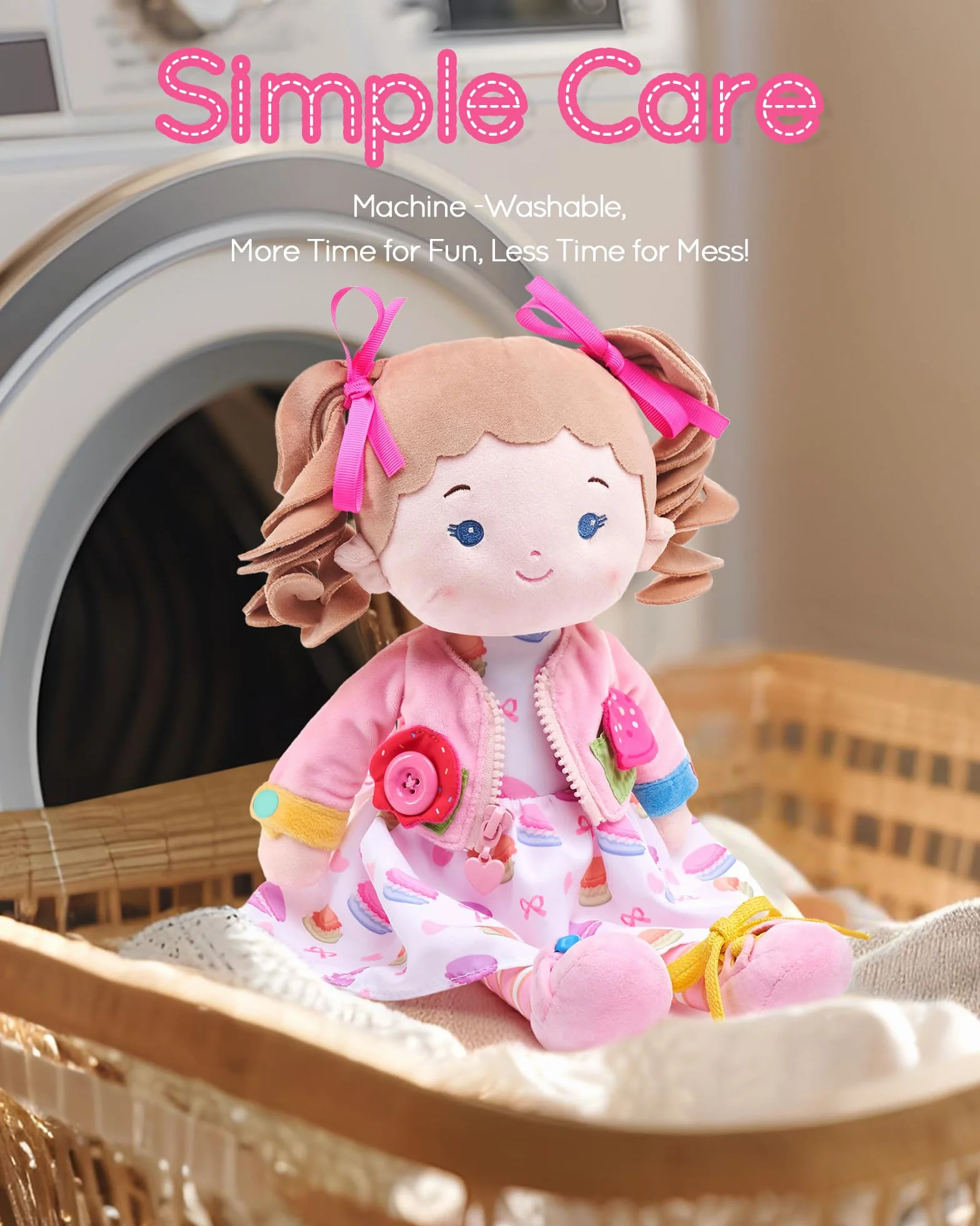 LeyaDoll bambola di peluche 40 cm, giocattolo sensoriale e educativo ispirato al metodo Montessori, morbida compagna per neonati 0-3 anni, idea regalo di compleanno per bambina-Busy Cupcake-Girl