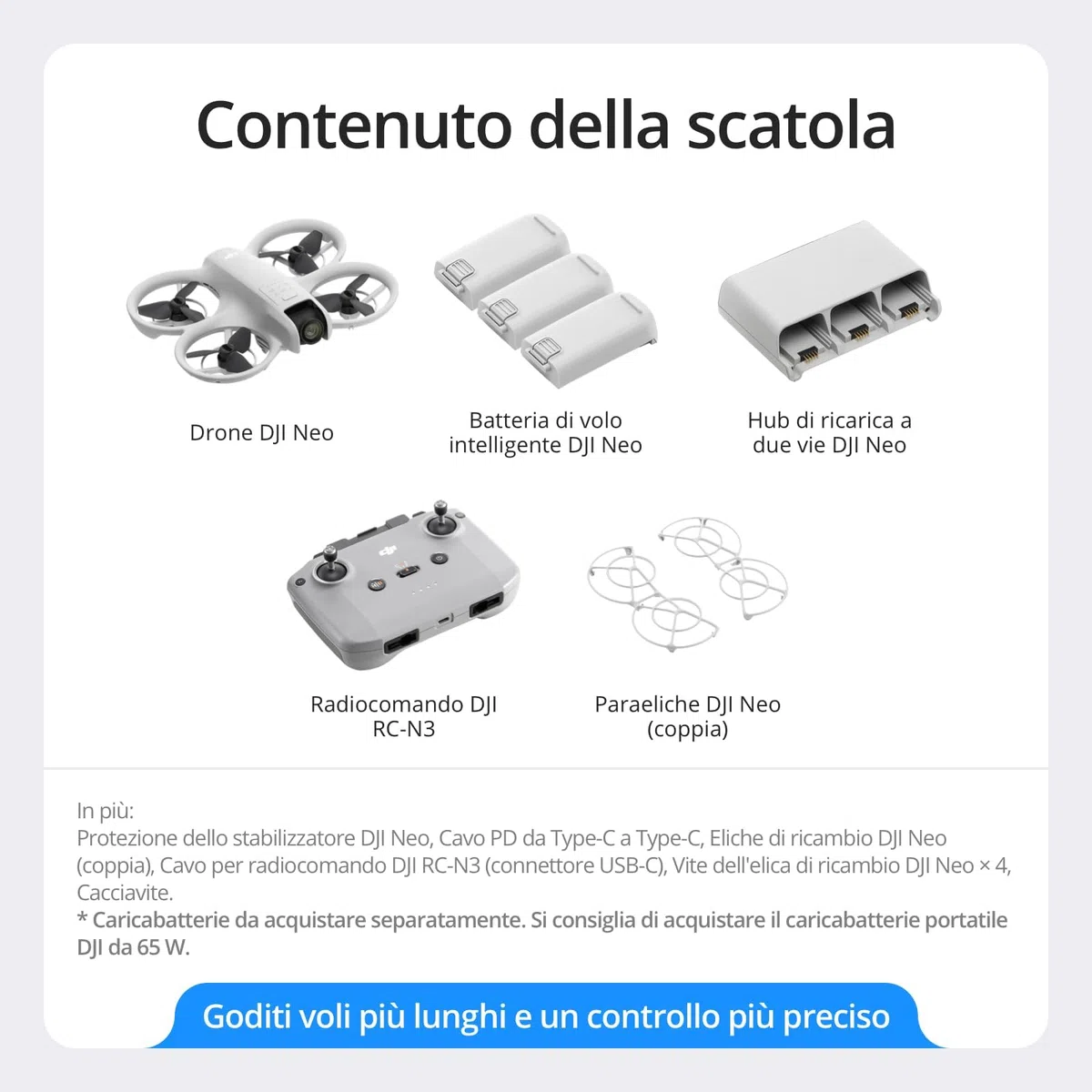 DJI Neo Combo Fly More, mini drone con fotocamera UHD 4K per adulti, 135g drone che vola da solo e ti segue, decollo dalla mano, tracciamento del soggetto, QuickShot, con RC-N3 e 3 batterie