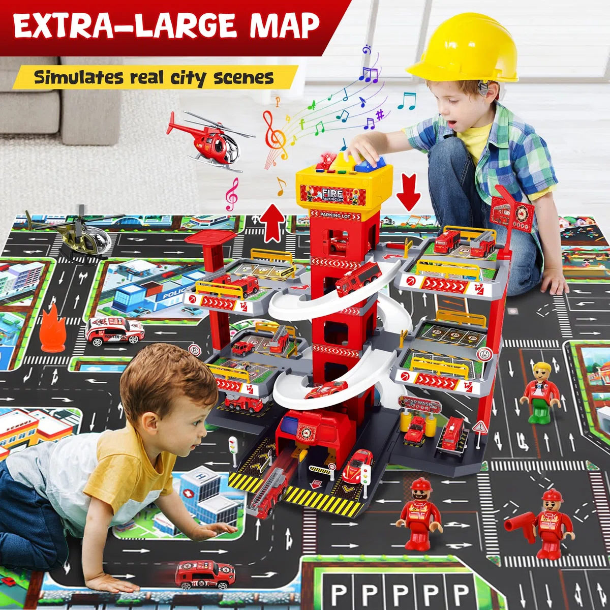 FORMIZON 5 Piani Parcheggio per Bambini dai 3 Ann, Parcheggio Macchinine con Garage, Ascensore, Rampe, Effetti Sonori e Luminosi, Garage Mmacchine per Bambini con 8 Autos e 3 Elicottero (Rosso)