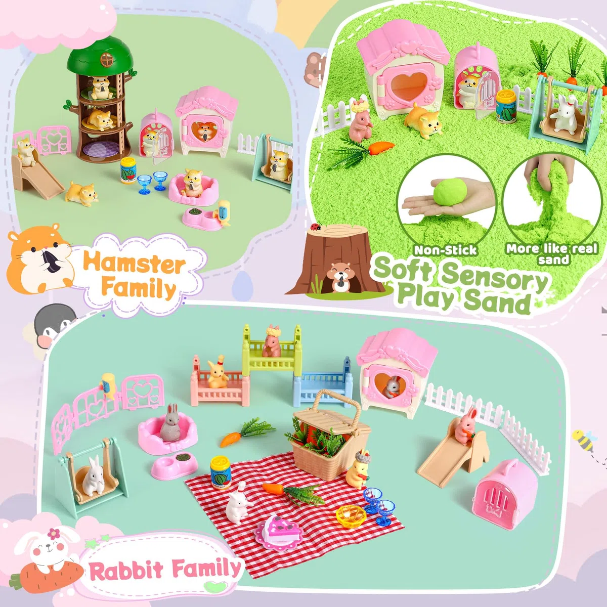 KNASON Sabbia Giocattolo Bambini per Coniglio e Criceto,Sabbia Magica Giocattolo con Morbida Sand Sensoriale e 8 Figurine di Animali,Regalo di Compleanno per Bambini Oltre i 3 Anni