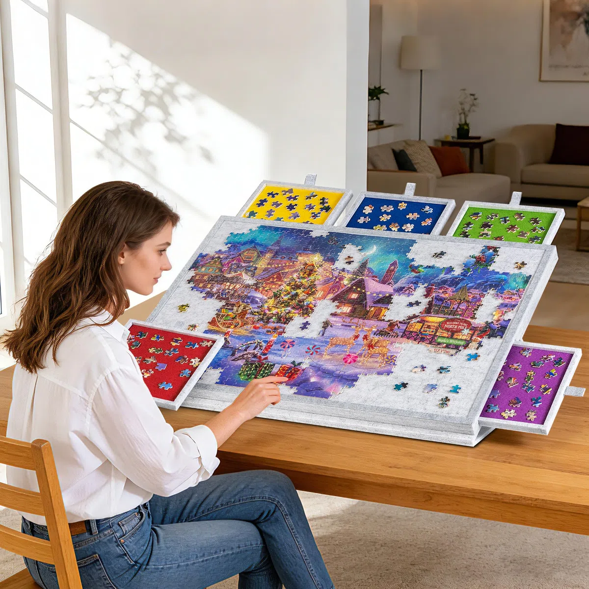 Lavievert Tavola puzzle inclinabile con supporto e copertura progettati 2 in 1, super leggero, in feltro, con 6 cassetti, tavolo puzzle portatile per giochi fino a 1000 pezzi, grigio chiaro