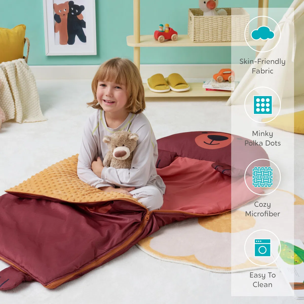JOIEDOMISacco nanna a forma di orso, 152 x 68 cm, con cerniera, cuscino e coperta, Per bambini dai 3 anni in su, Per bambini e bambine in età prescolare