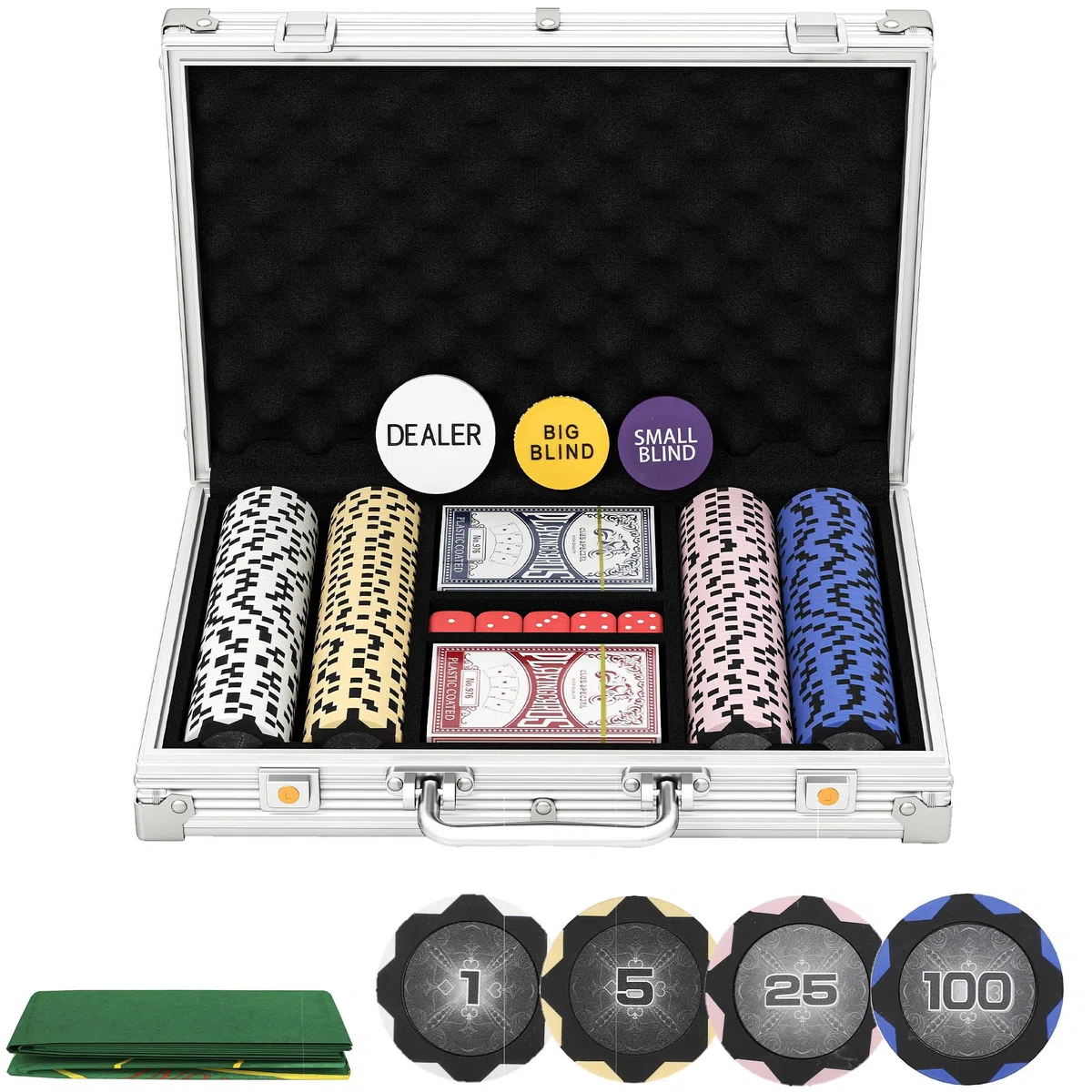 SPORTNOW set poker con serratura con valigetta 200 fiches carte 5 dadi mazzi di carte con bottone, set completo poker giochi di carte valigetta in alluminio per Texas Hold'em, Blackjack