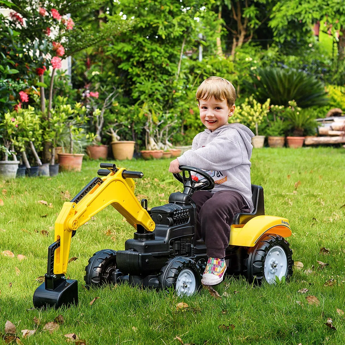 HOMCOM Ruspa Giocattolo Cavalcabile a Pedali per Bambini 3-6 Anni, Escavatore con 4 Ruote, Acciaio e Plastica, 107x42x71 cm, Giallo