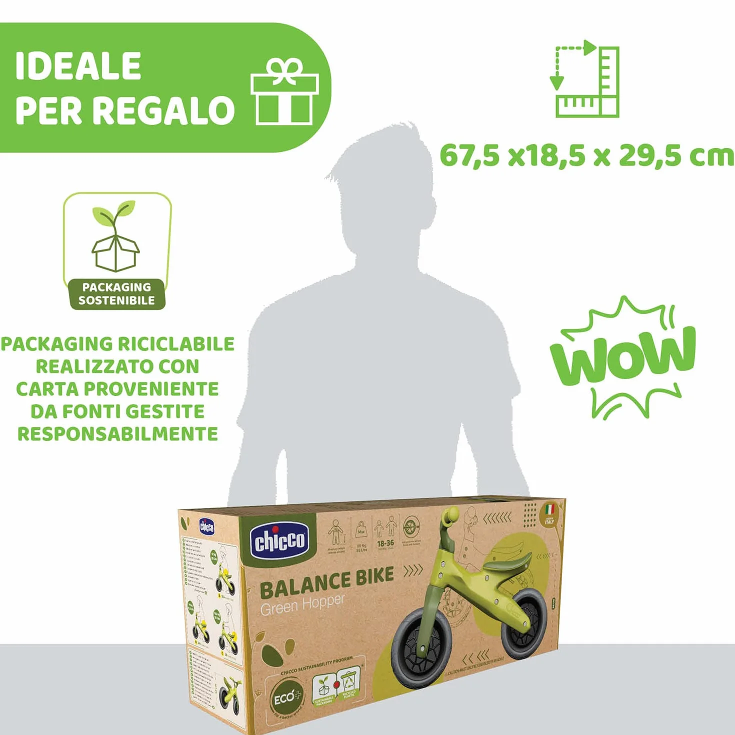Chicco Balance Bike Eco+, Bici Bambini da 18 mesi a 3 anni (Fino a 25 kg), Bicicletta Senza Pedali per l'Equilibrio, Manubrio e Sellino Ergonomici, Ruote Antiforatura, 80% Plastica Riciclata