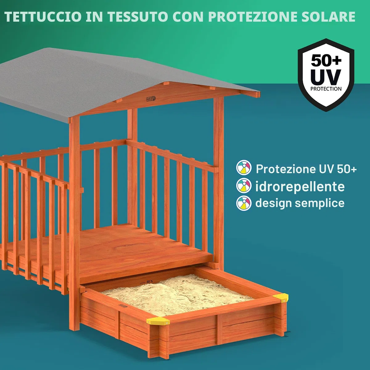 Spielwerk Sabbiera con Tetto 133x127x137cm Protezione UV 50 Legno Naturale Sandbox Bambini Gioco Esterno Playhouse