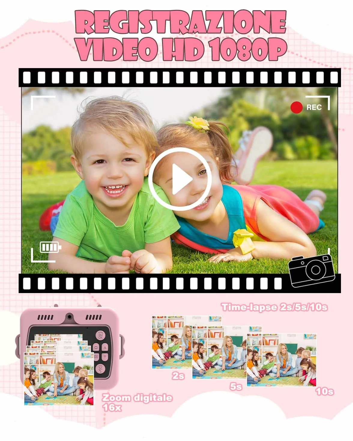Macchina Fotografica Bambini Unicorno Istantanea, 2.4" Schermo, 1080P Video & 16X Zoom, Fotocamera per Bambini 32GB, Stampa Senza Inchiostro, Giochi, Musica, Regalo Ragazze 3-12 Anni