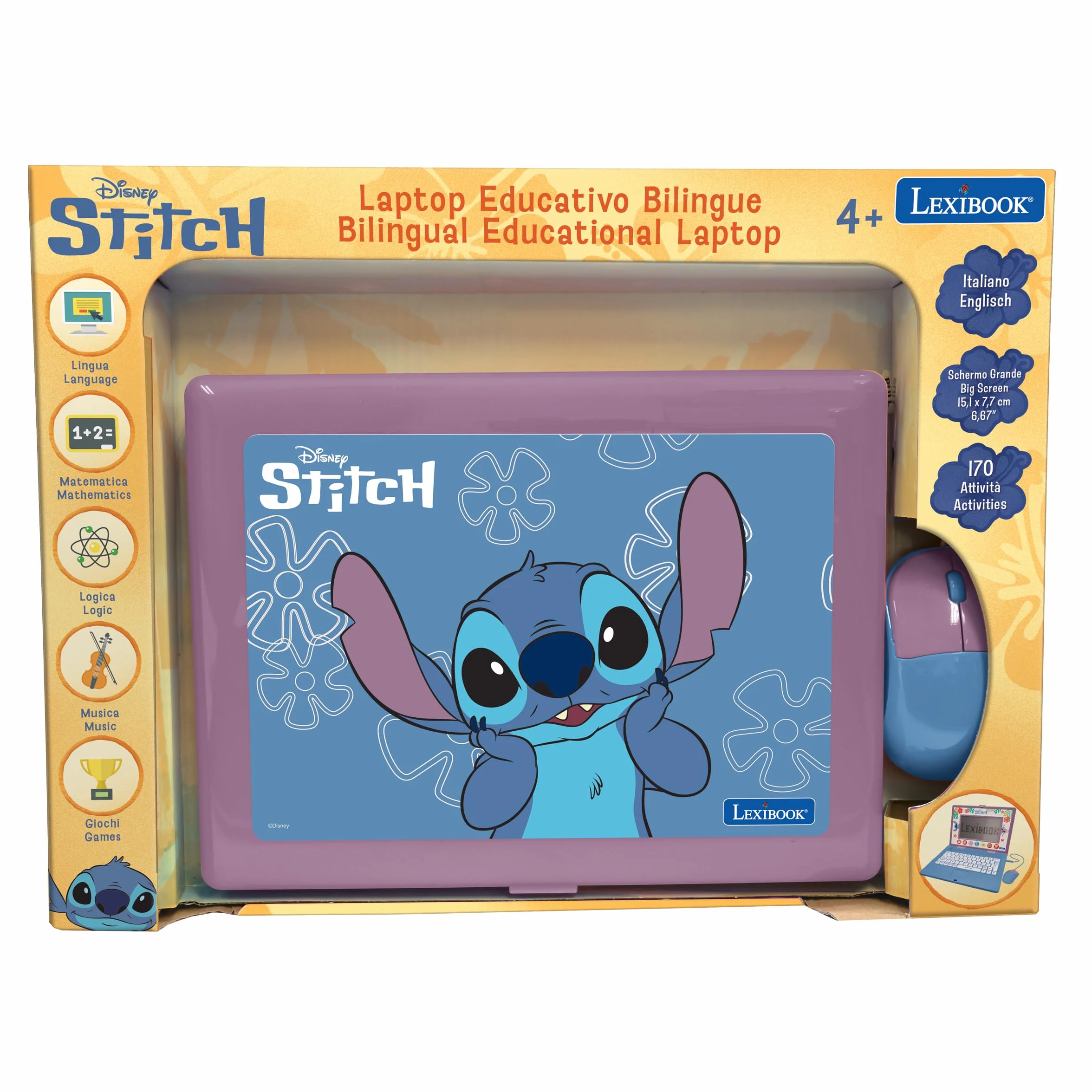 Lexibook, Disney Stitch, Computer educativo bilingue Stitch con 170 attività Inglese/Italiano, JC599Di5