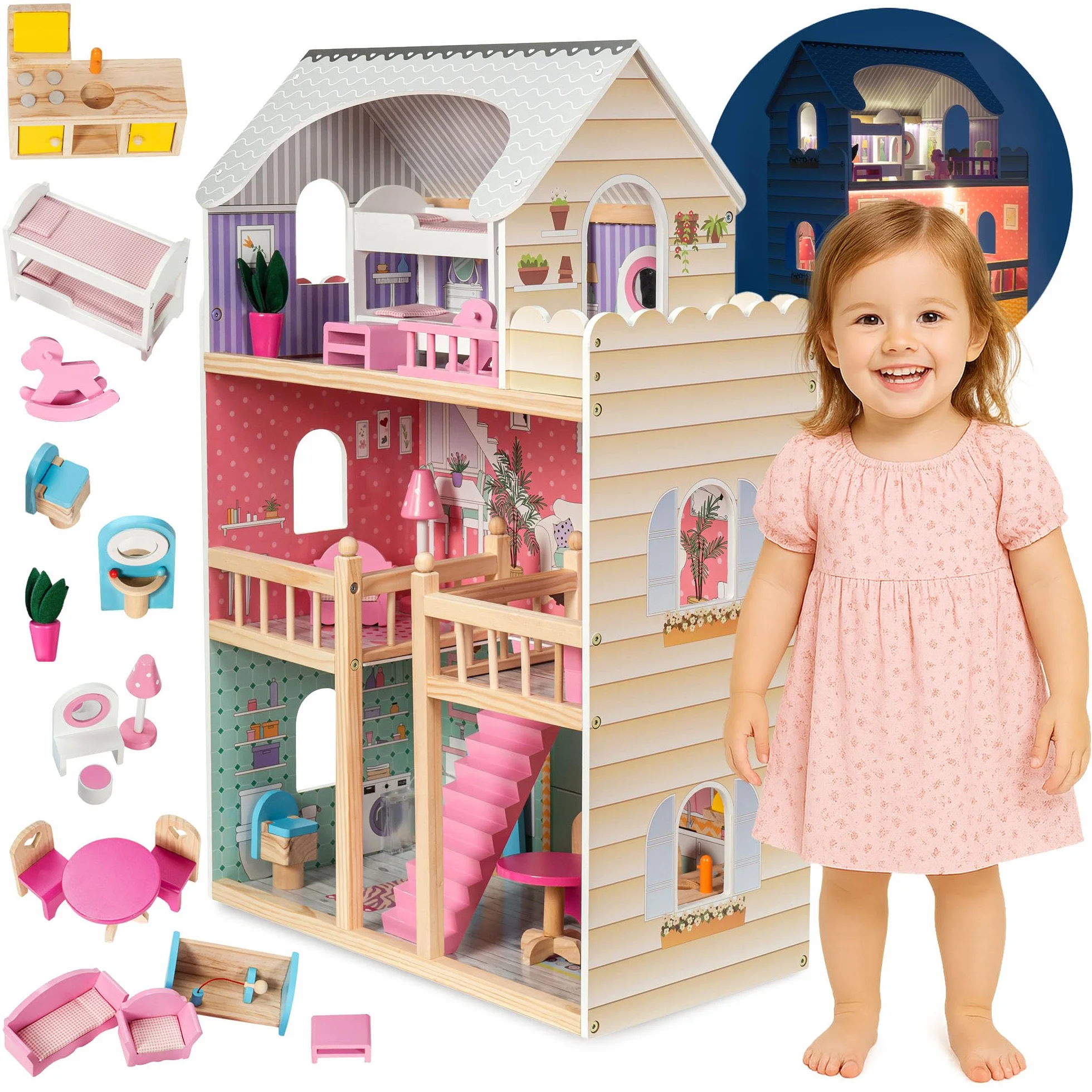 mamabrum Casa delle Bambole in Legno XXL – 3 Piani con LED e Mobili Inclusi – Casa Bambole 90x60x30 cm – Design Pastello Sicuro ed Educativo – Giocattolo per Bambine dai 3 Anni