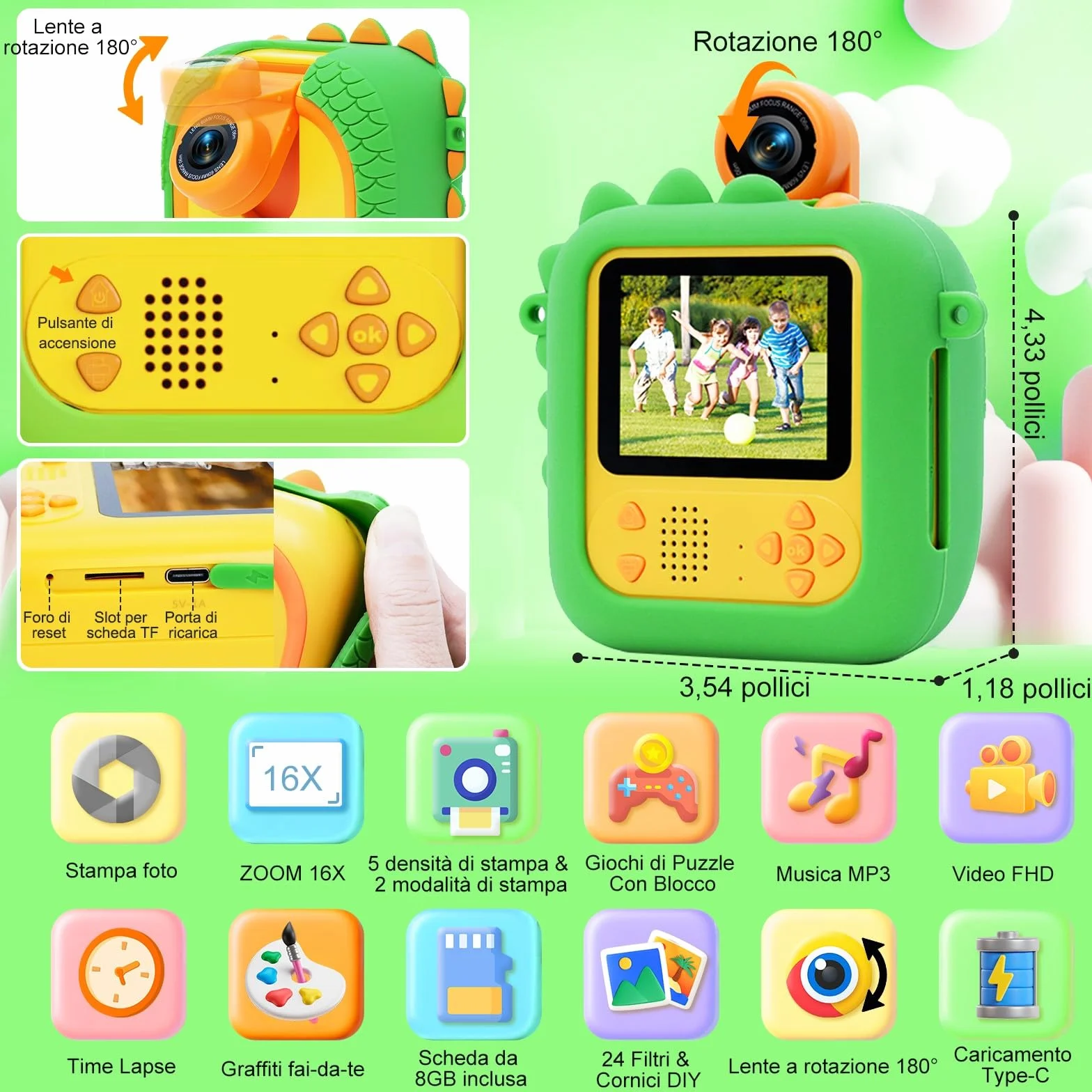 Macchina Fotografica Bambini Istantanea con obiettivo 180°Flip, ARNSSIEN 2,4" Fotocamera Istantanea per Bambini 1080P con 3 Rotoli di Carta da Stampa, Regalo per Bambino per Ragazze Ragazzi da 3-12,M2