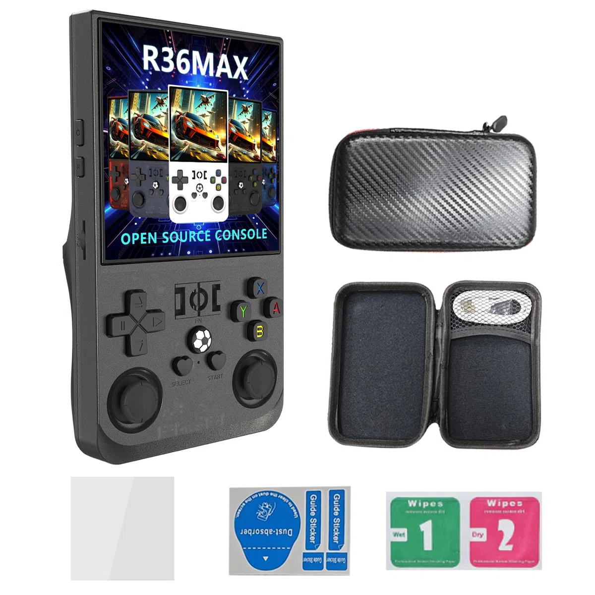 Console portatile R36MAX, 64 GB con 20.000 giochi, console portatile per videogiochi, schermo IPS da 4 pollici, oltre 30 emulatori e sistema Linux con custodia (Nero, 64, GB)