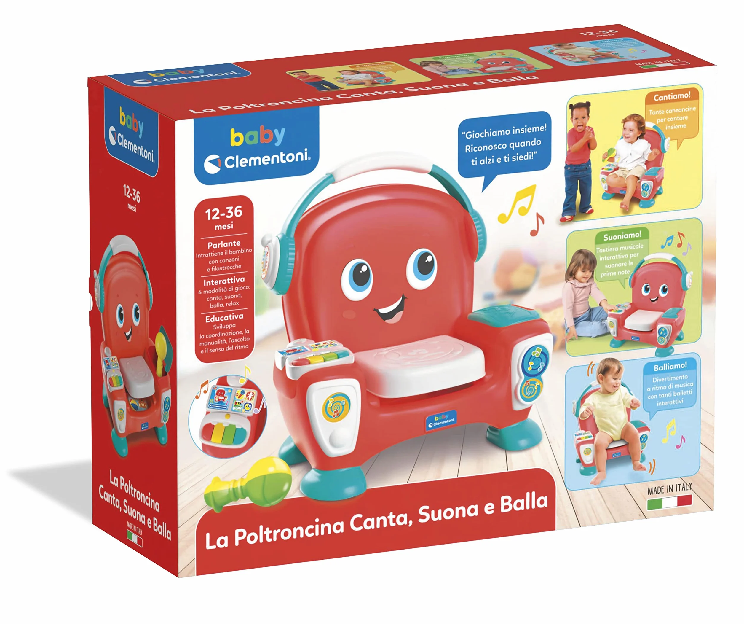 Baby Clementoni - Poltroncina Canta Suona e Balla, Poltrona Interattiva Parlante Bambini 12-36 Mesi, Gioco Educativo con Luci e Canzoni, Stimola Sviluppo Cognitivo e Motorio, Lingua Italiana, 17754